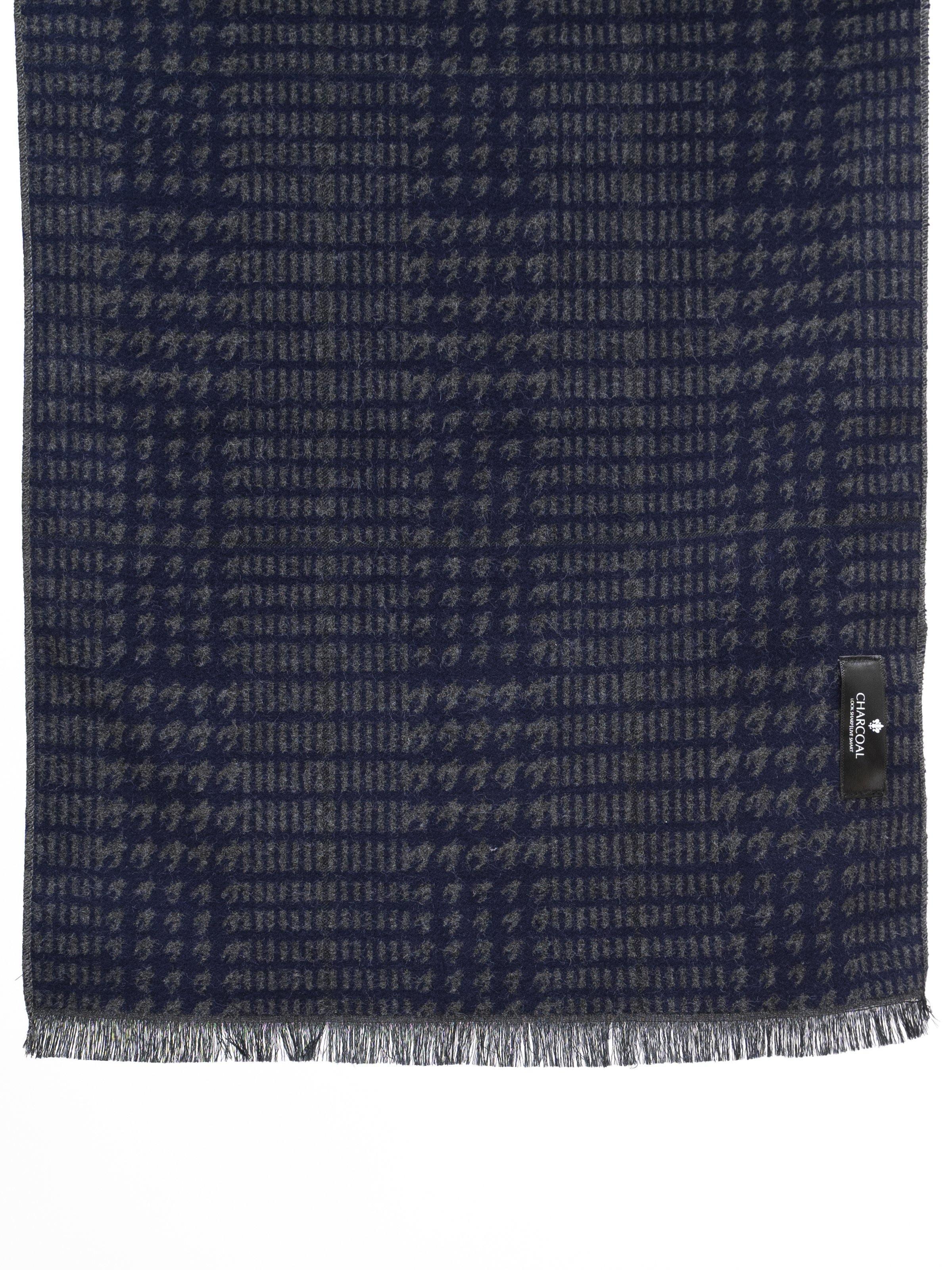 Navy woven scarf with allover geometric pattern and fringe edge