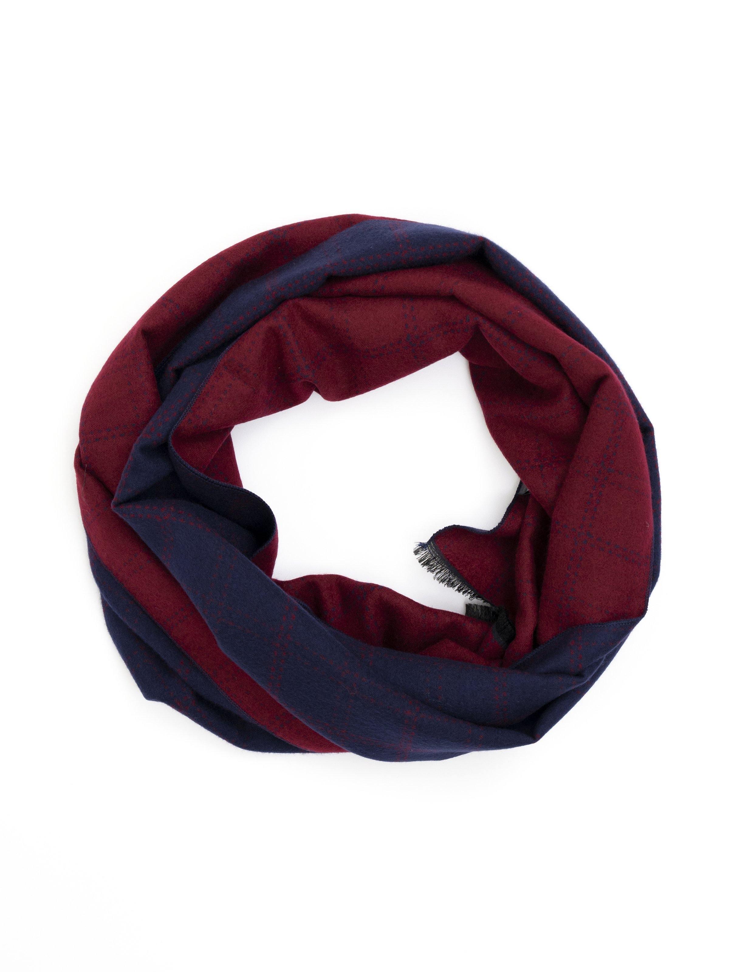 Burgundy and navy check scarf, looped around neck