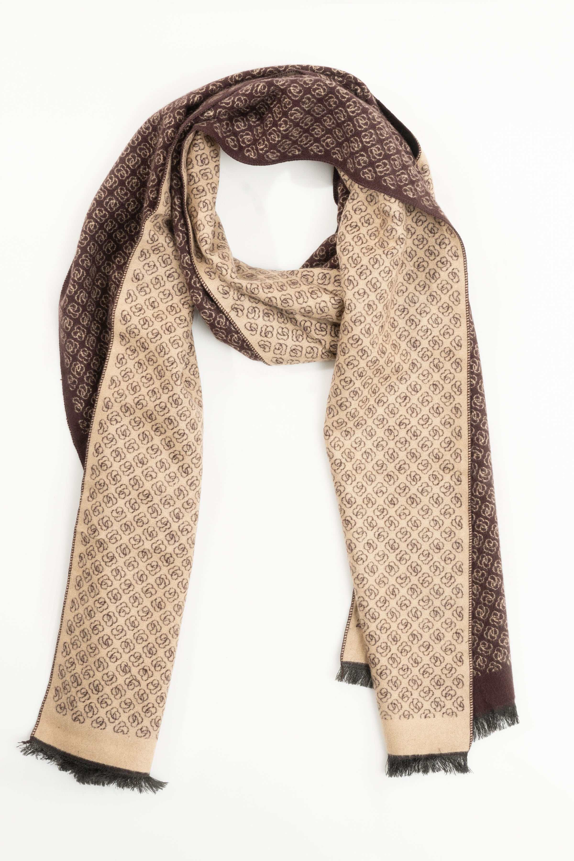 Brown scarf with beige repeating motif and fringed ends