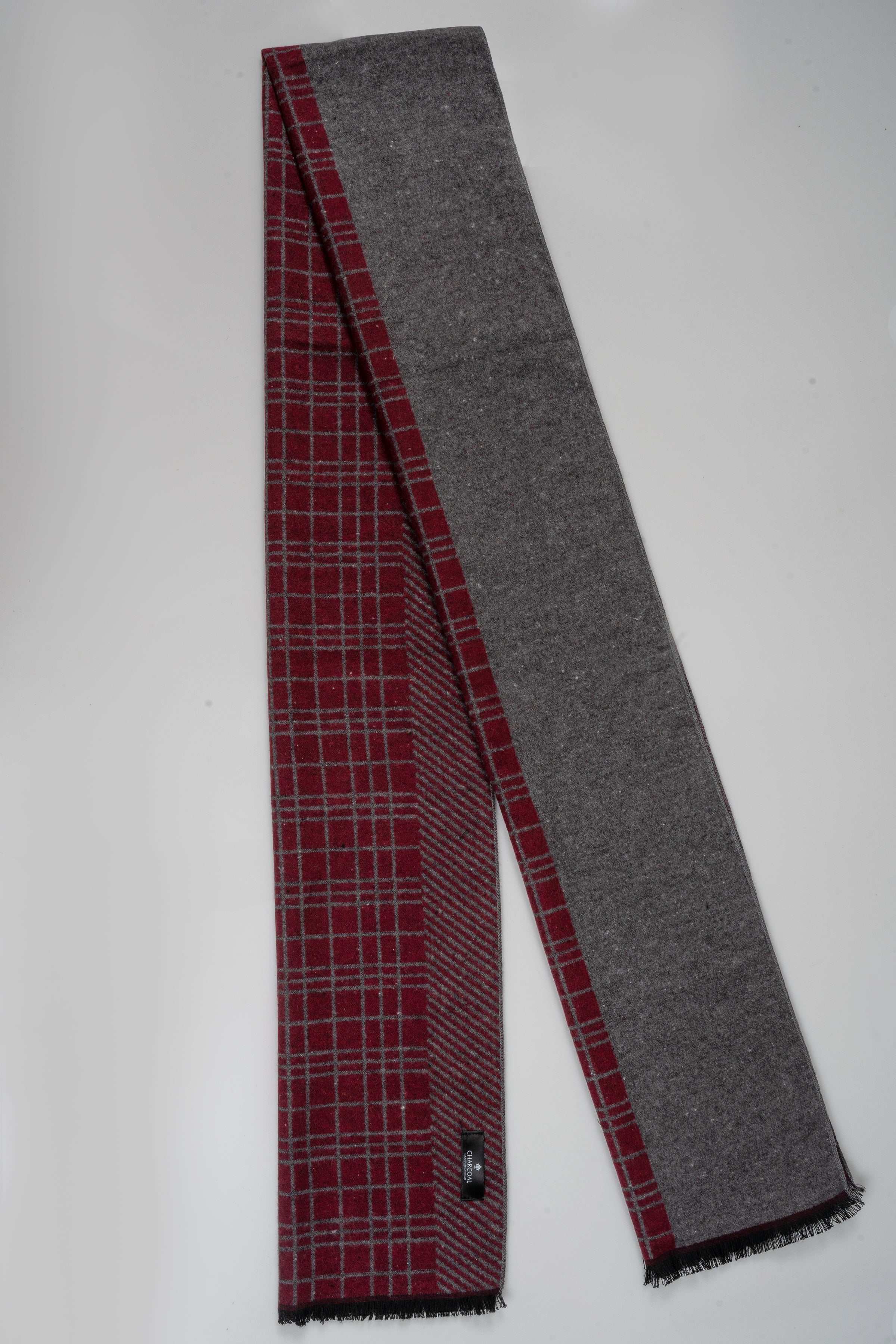 Charcoal gray and red plaid scarf, long ends with subtle fringe