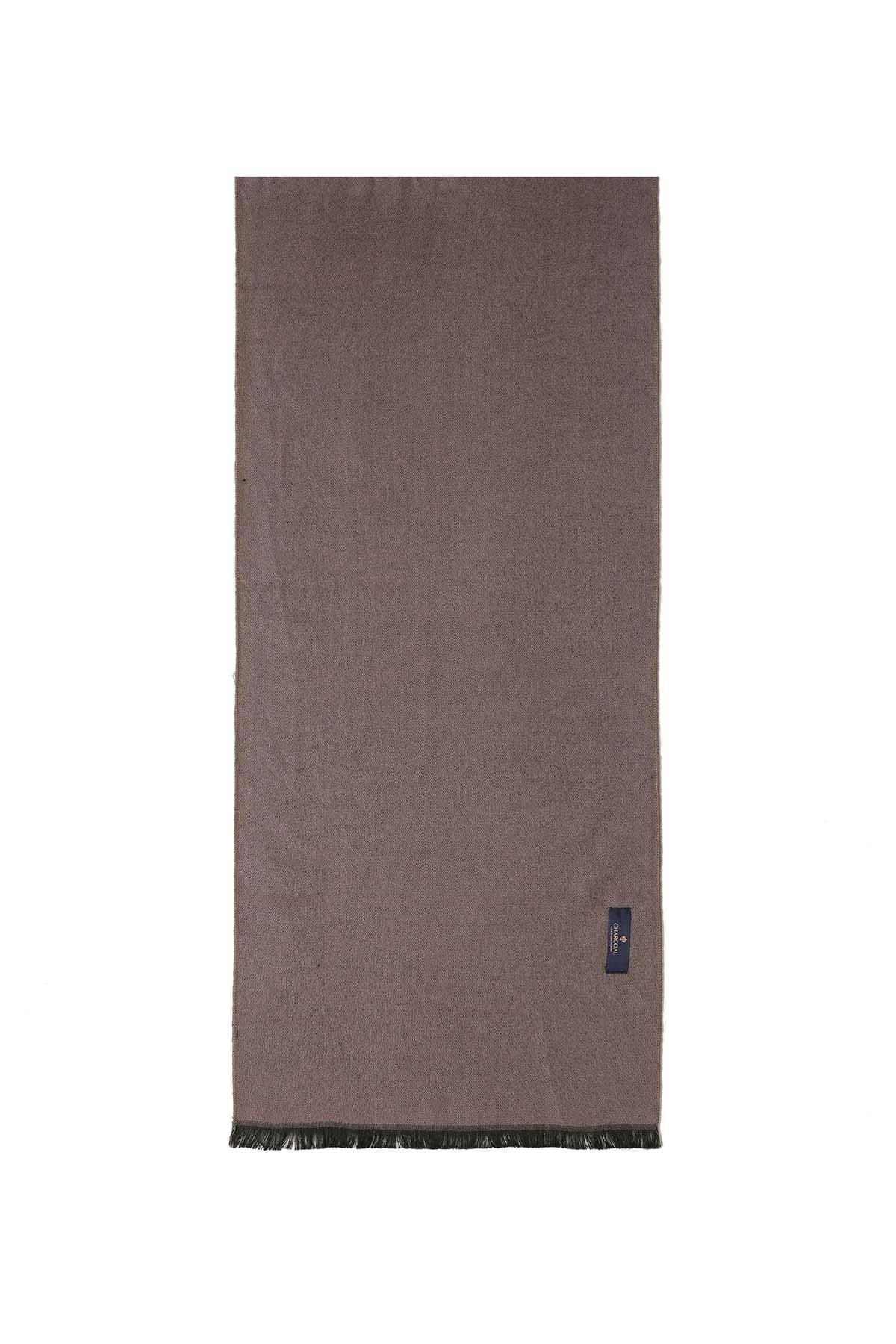 Dark brown scarf with fringed ends and small logo patch