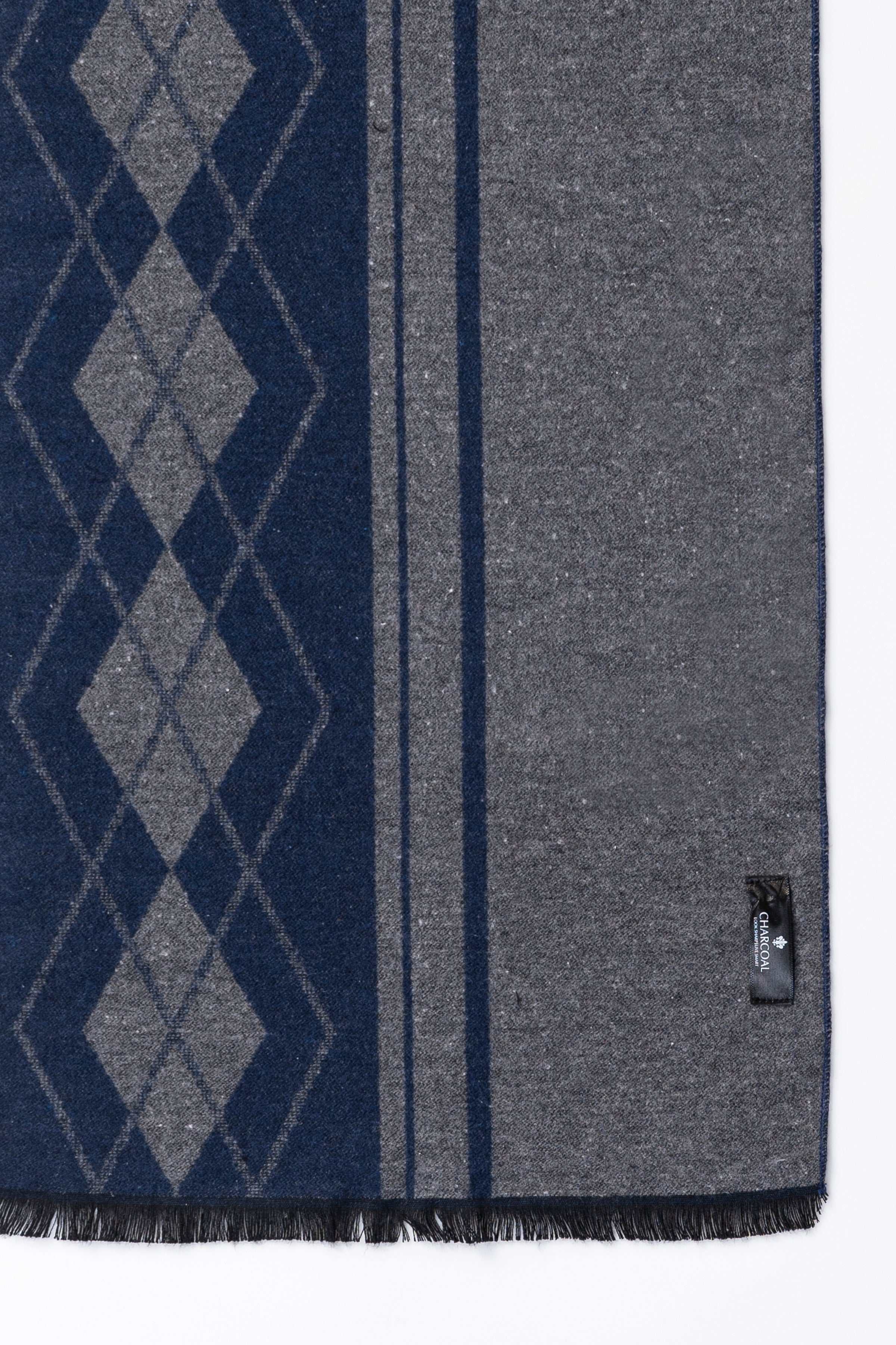 Argyle diamond scarf panel with navy stripes and dark-gray solid section, stitched tag