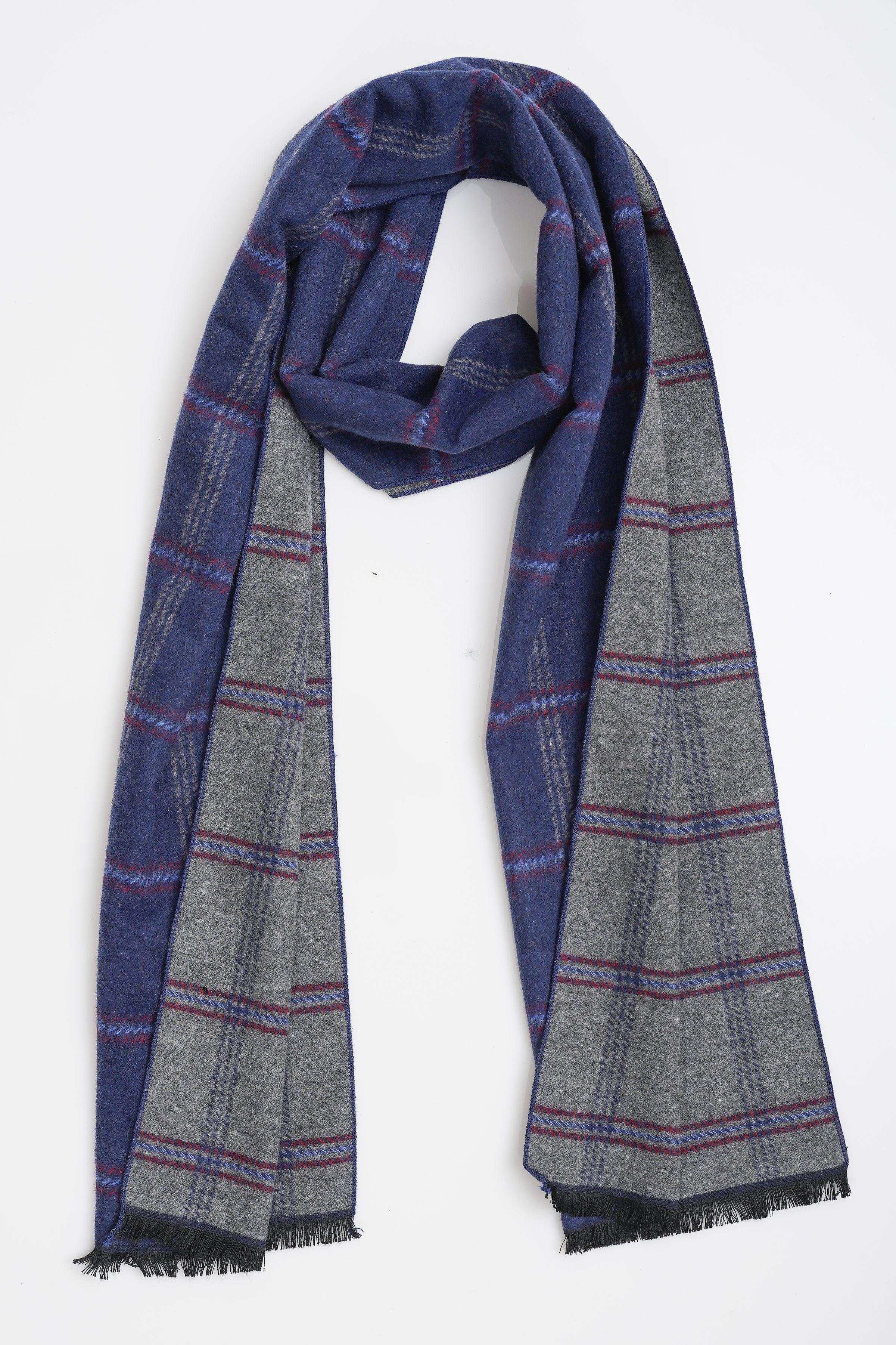 Plaid scarf in navy and gray with red grid lines, fringed ends