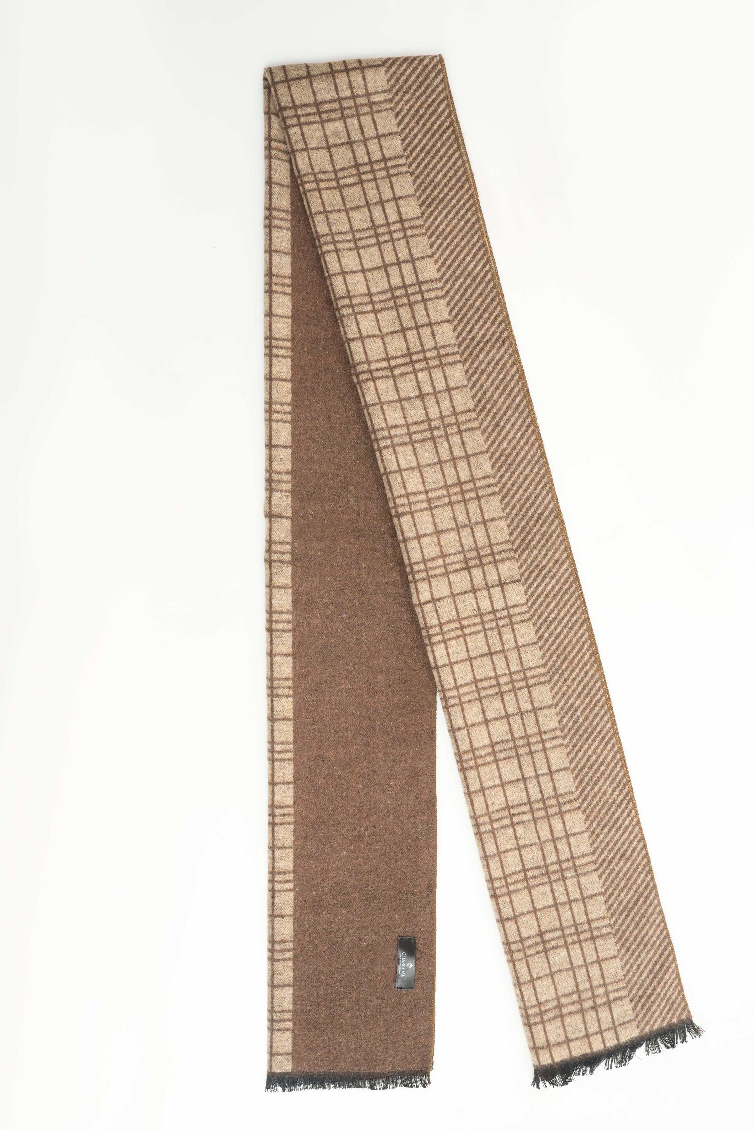 Woven scarf with brown grid panel and solid taupe side, fringed ends, small button