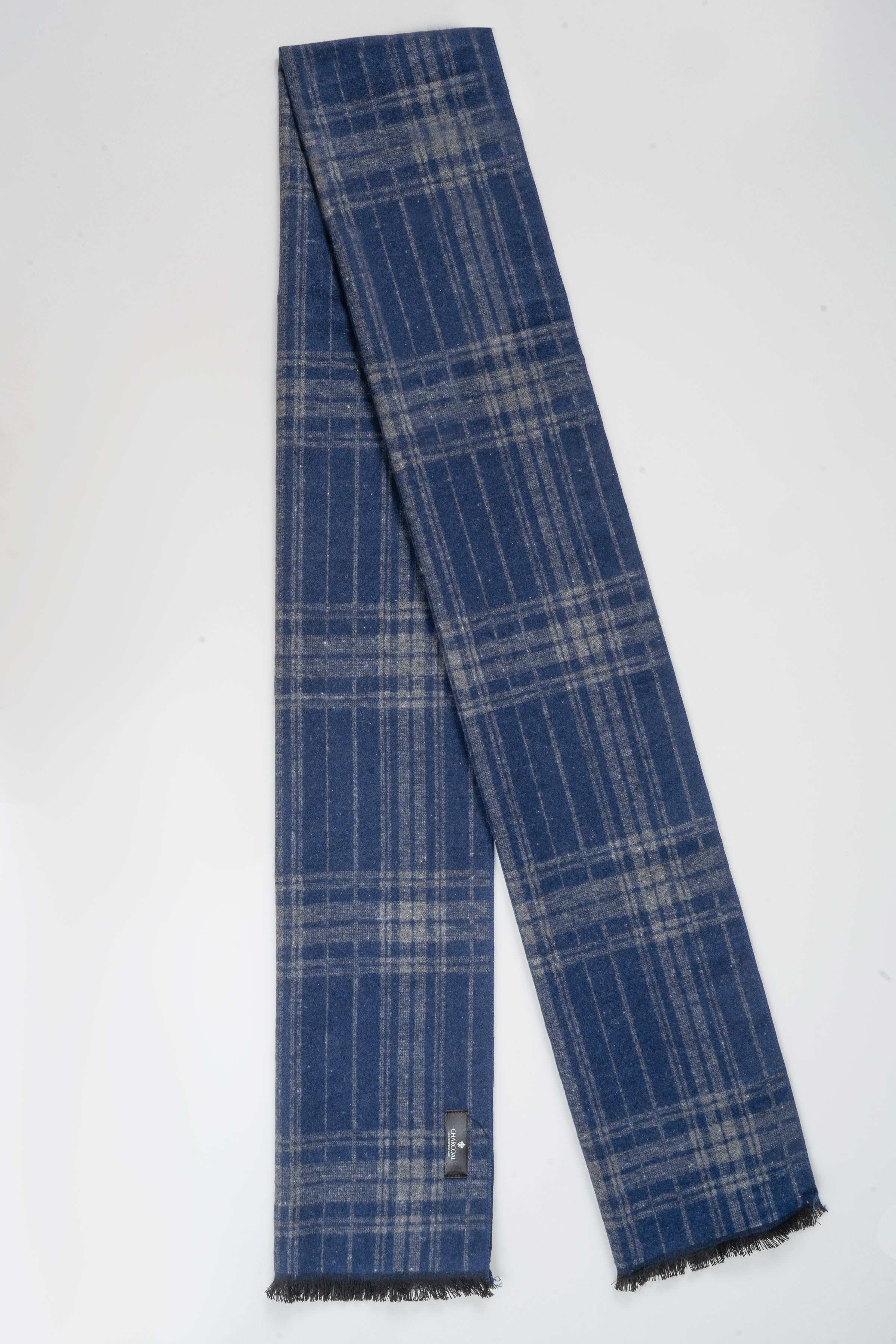 Blue plaid scarf with fringed ends