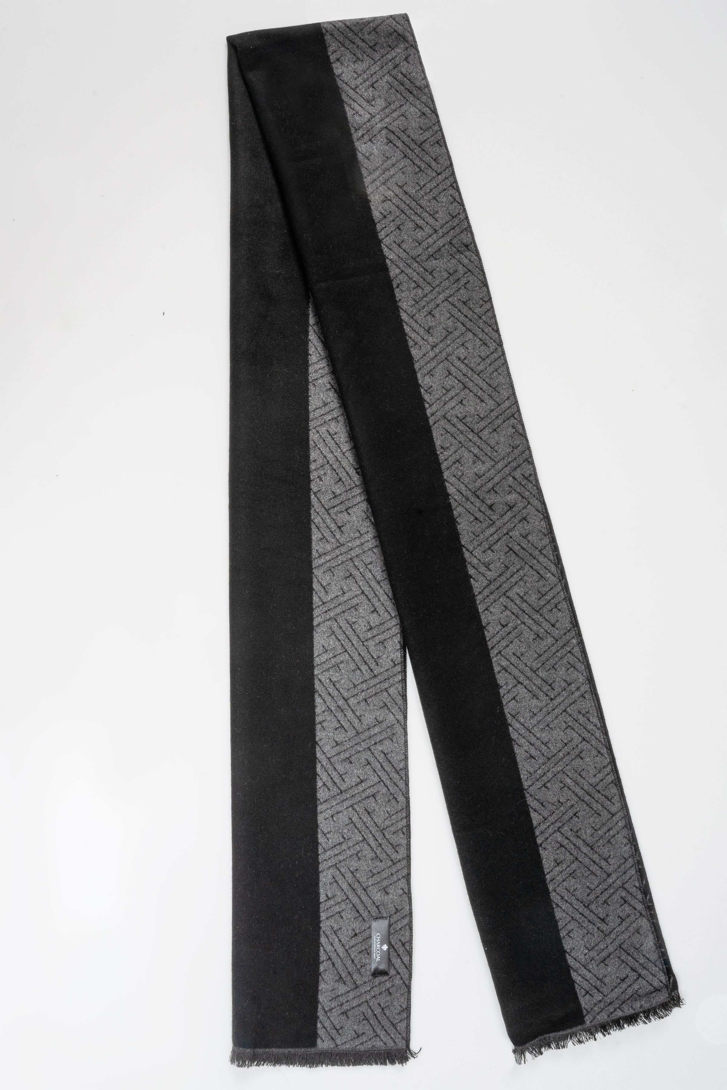 Black and charcoal scarf with wide diagonal stripe and fringe ends
