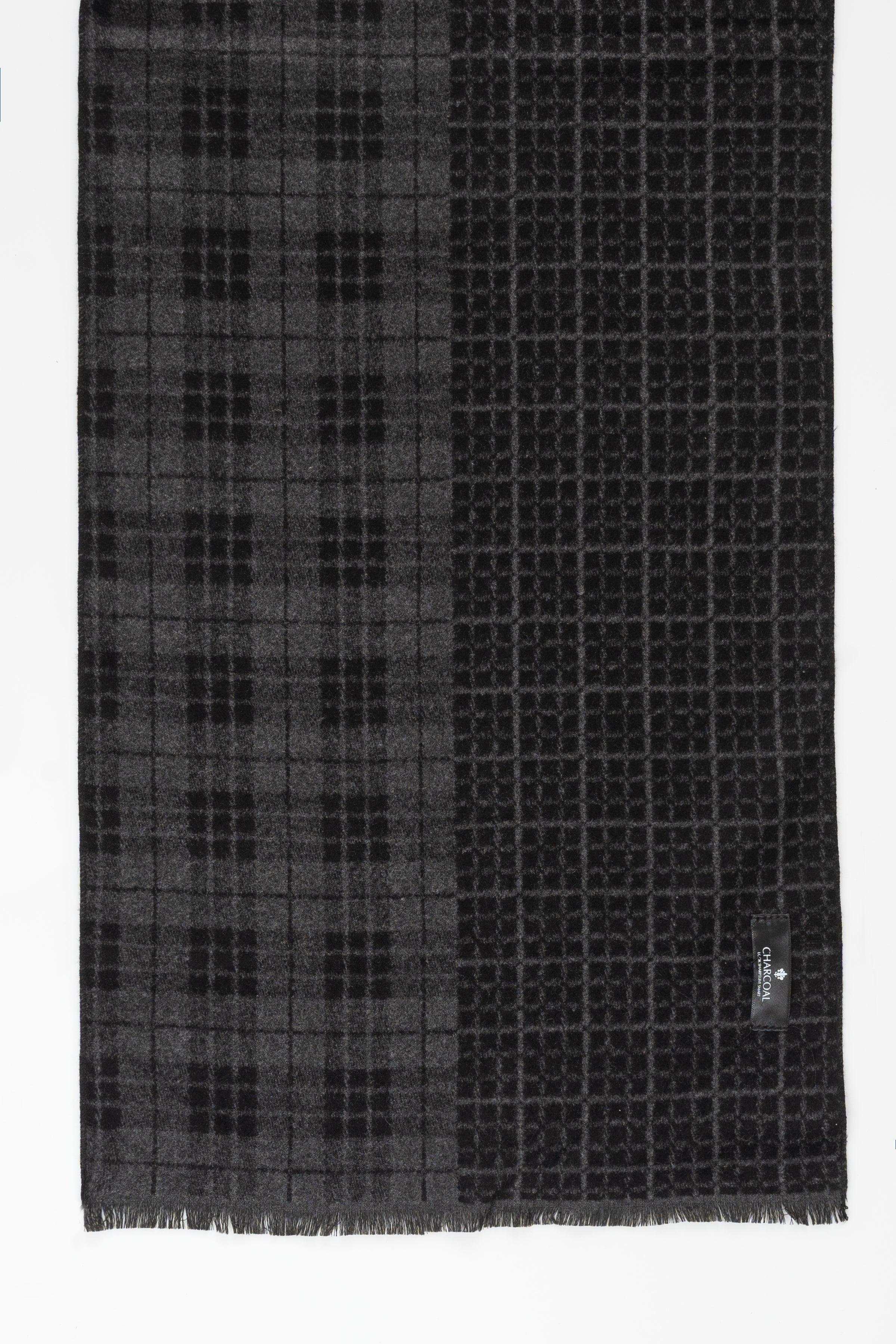 Dark charcoal scarf with checkered grid pattern and fringed edge.