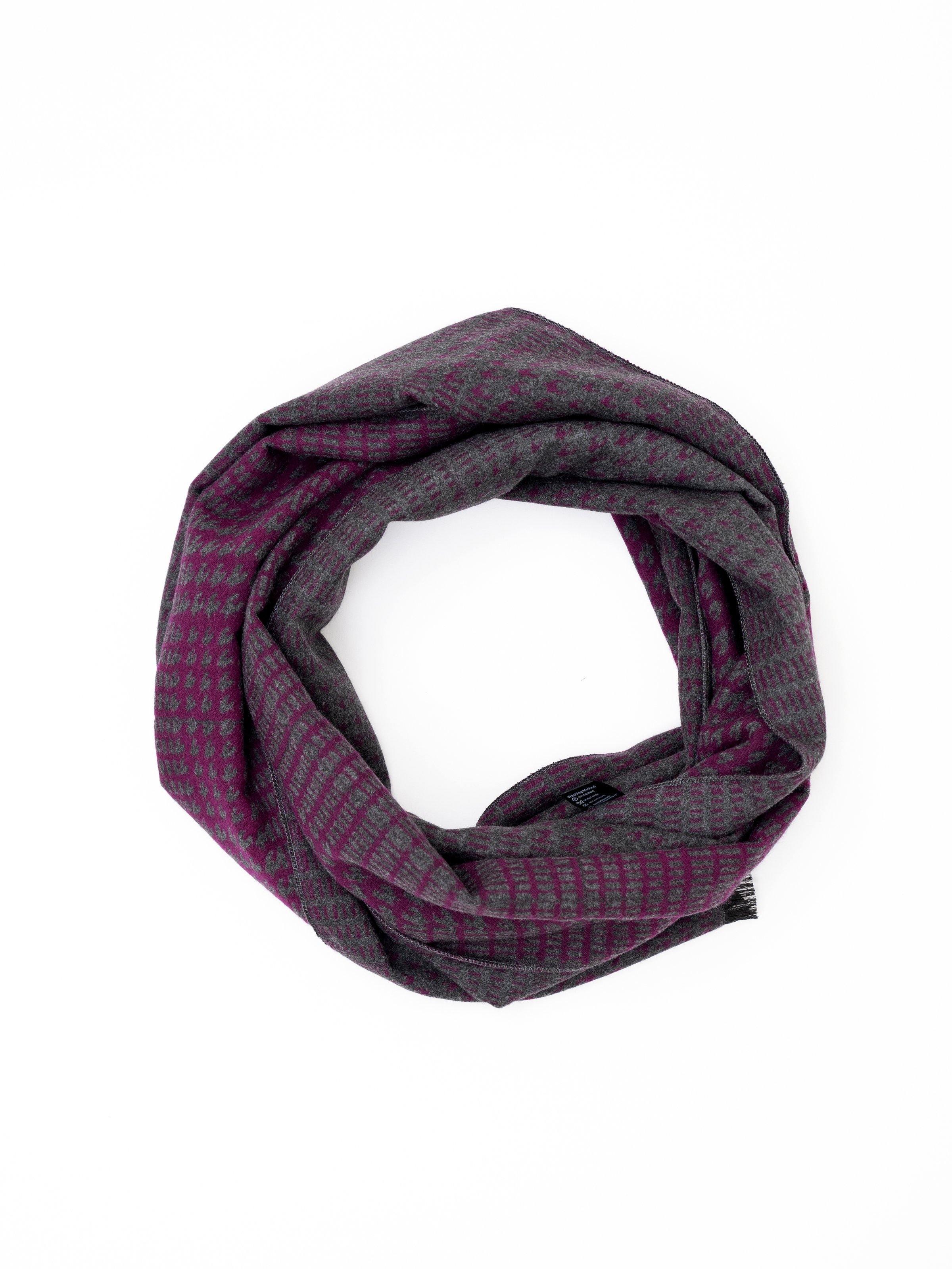 Purple and gray patterned scarf, looped folded design