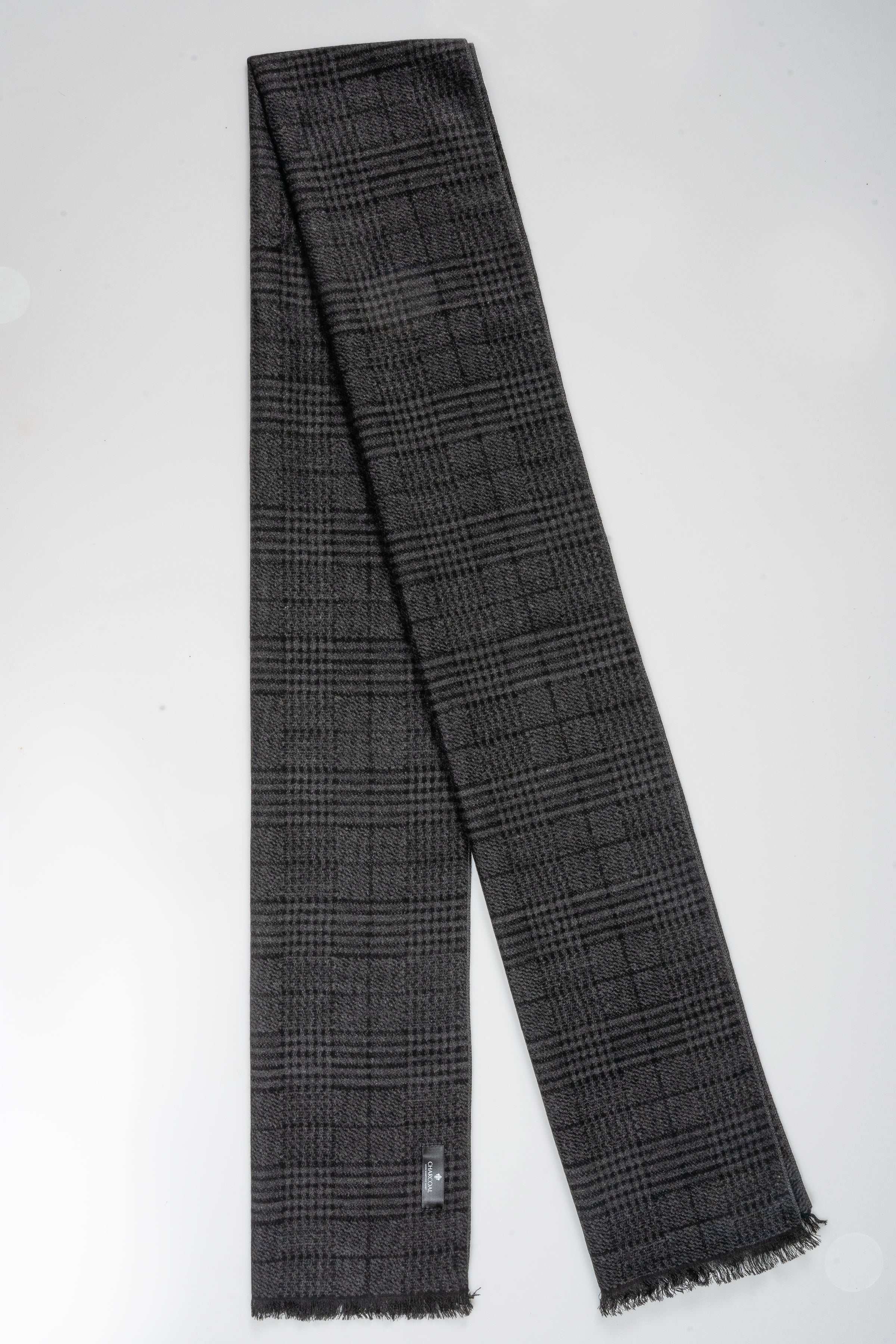 Charcoal plaid scarf with fringed ends