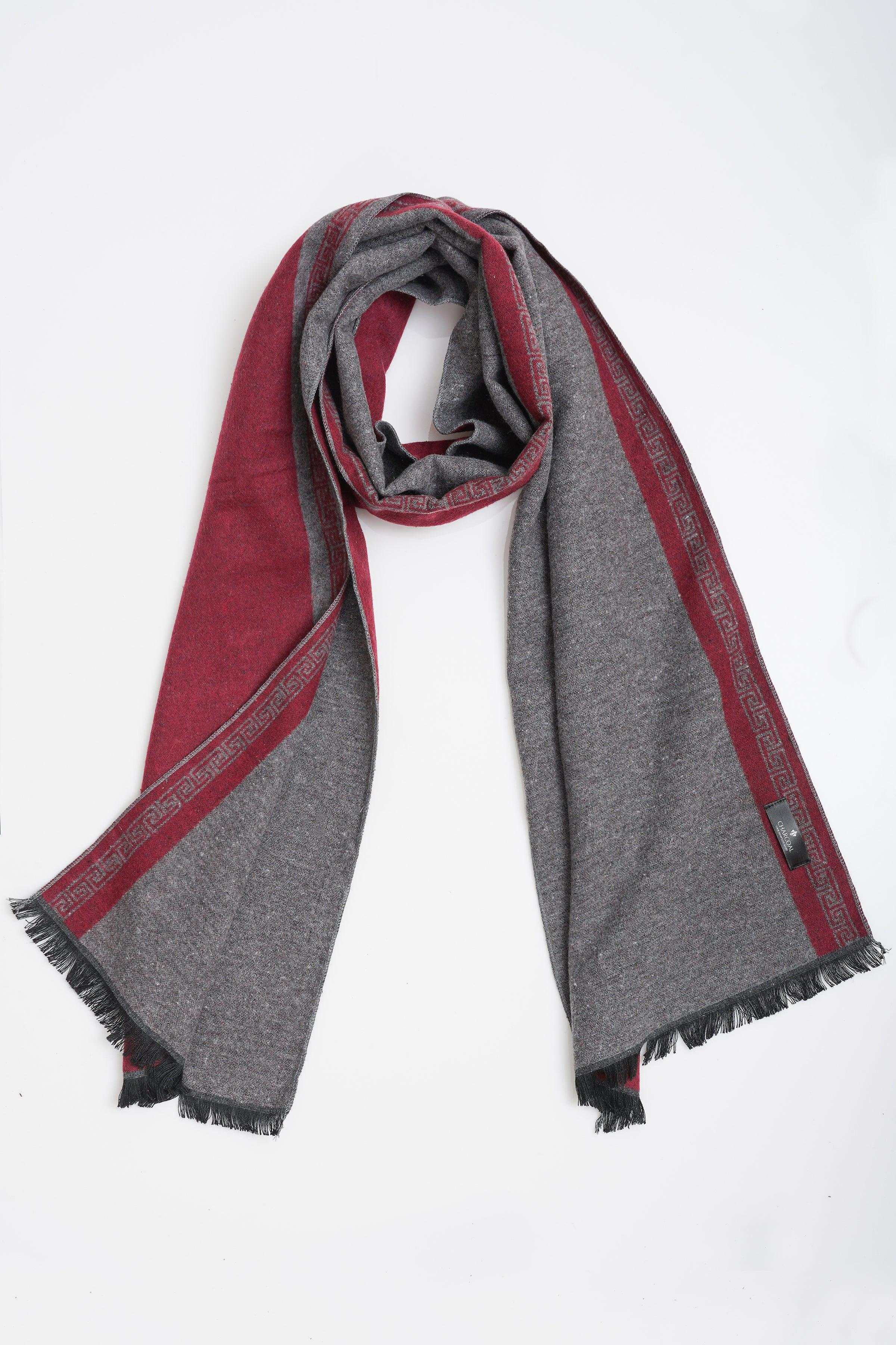 Gray and red scarf with fringe trim, draped in a loop