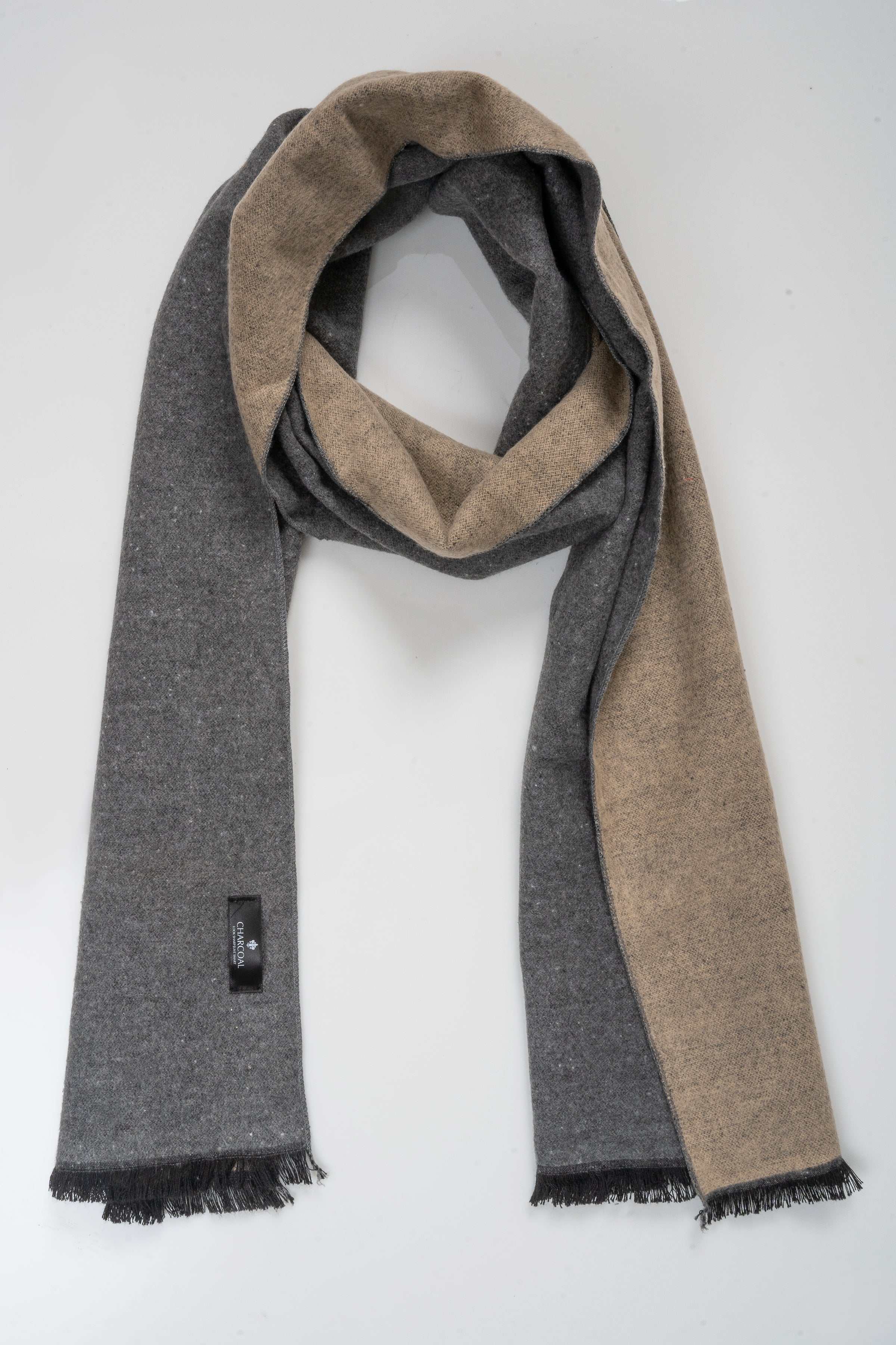 Two-tone charcoal and taupe scarf with fringed ends