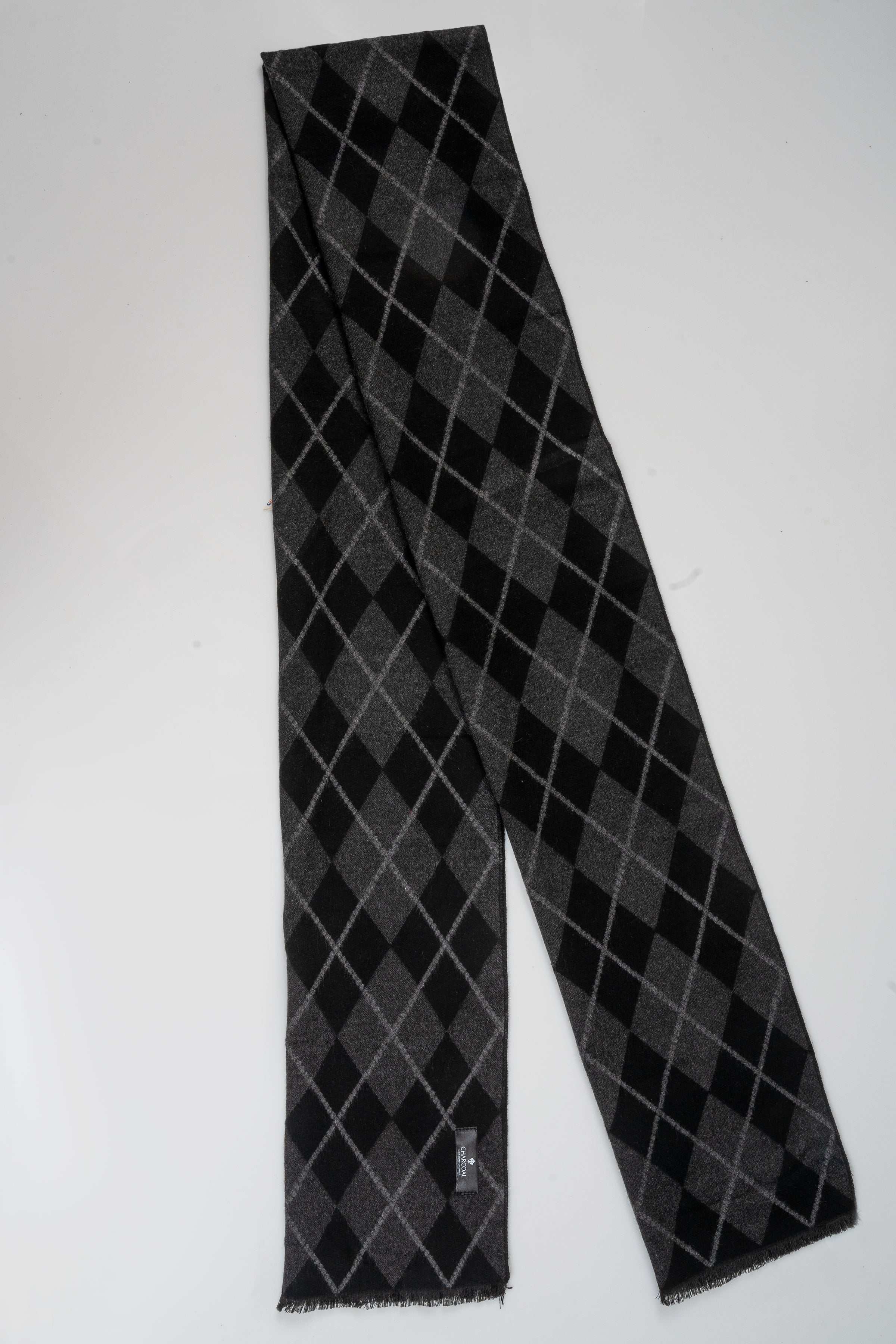 Dark charcoal argyle-pattern scarf with fringed ends