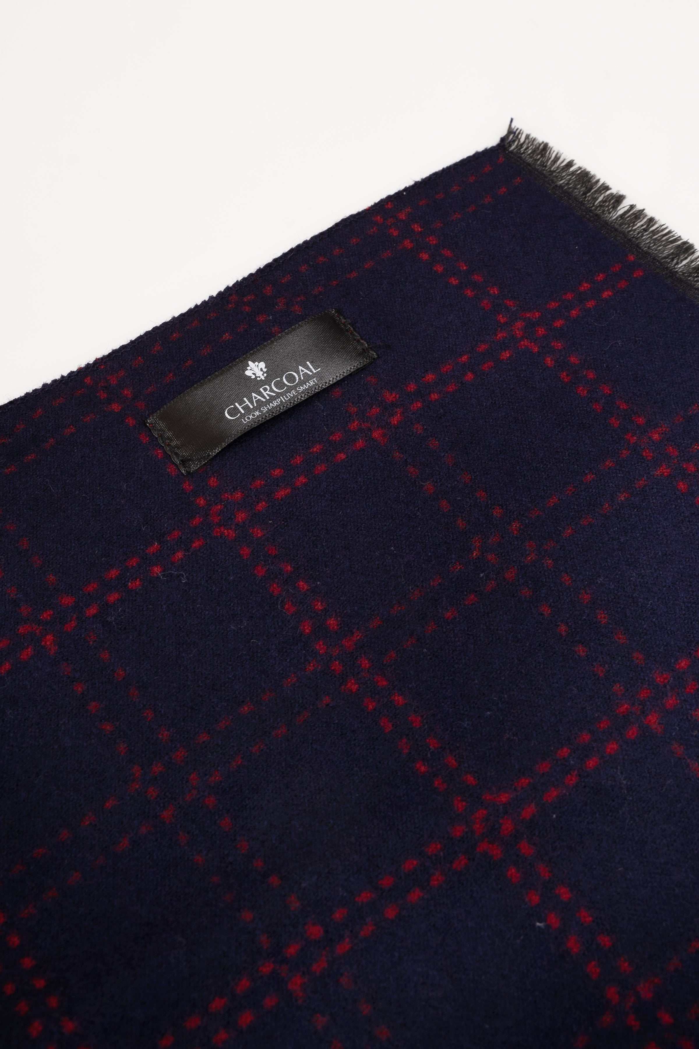 Plaid scarf fabric with red grid and CHARKOL label, fringed edge