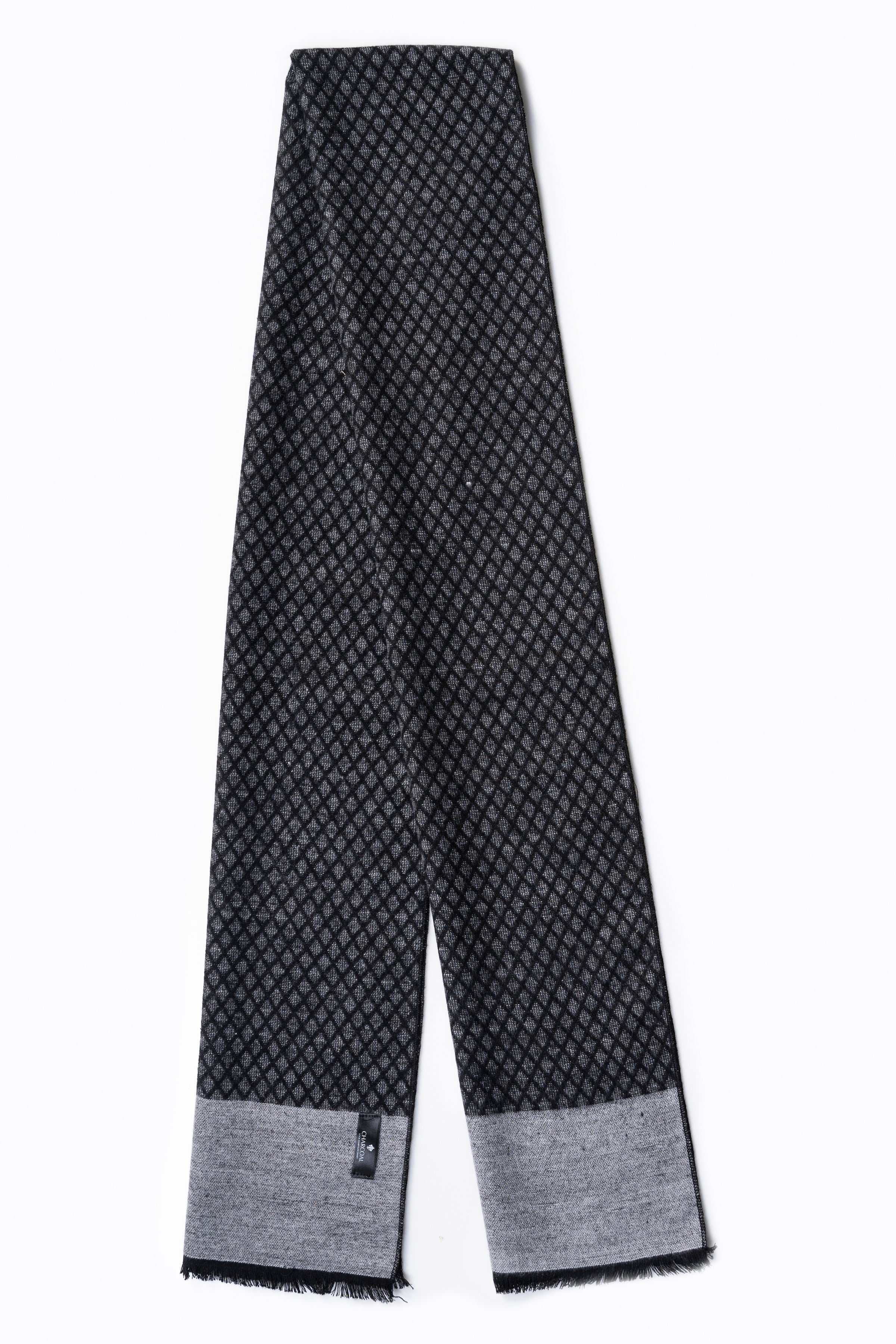 Black geometric-pattern scarf with gray band and fringed ends