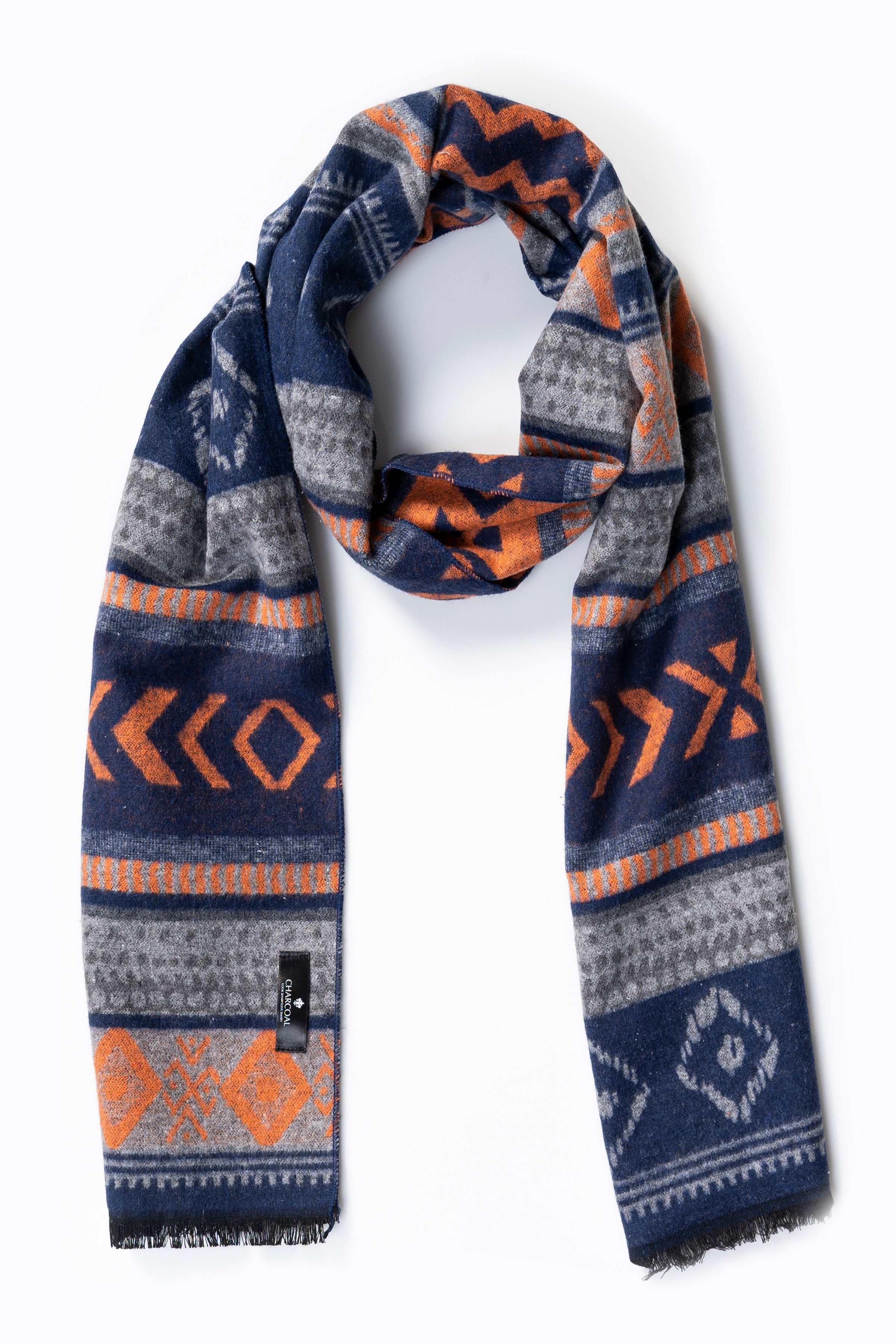 Navy patterned scarf draped in a loop with orange and gray geometric stripes