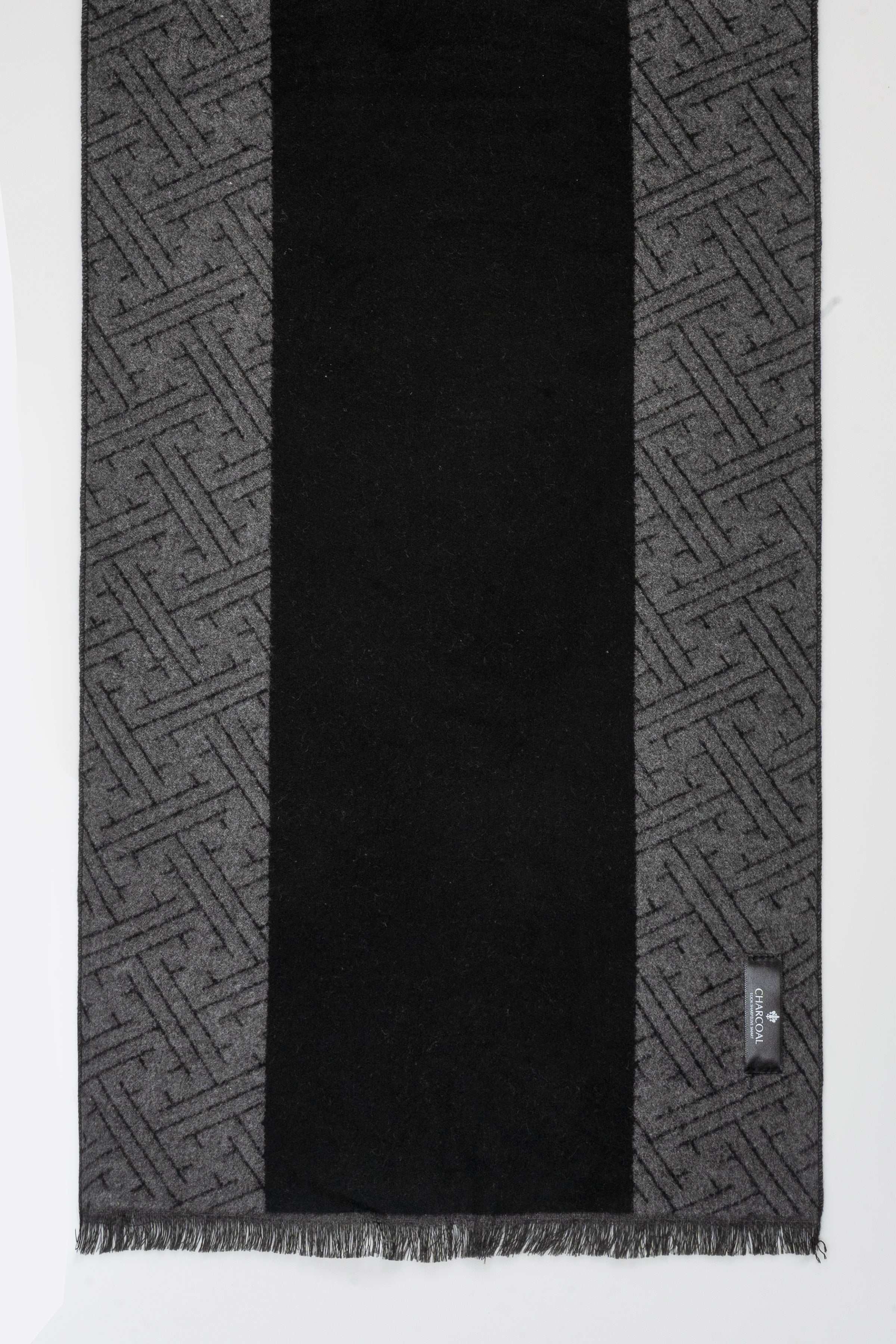 Black scarf with charcoal geometric stripe panel and fringed hem