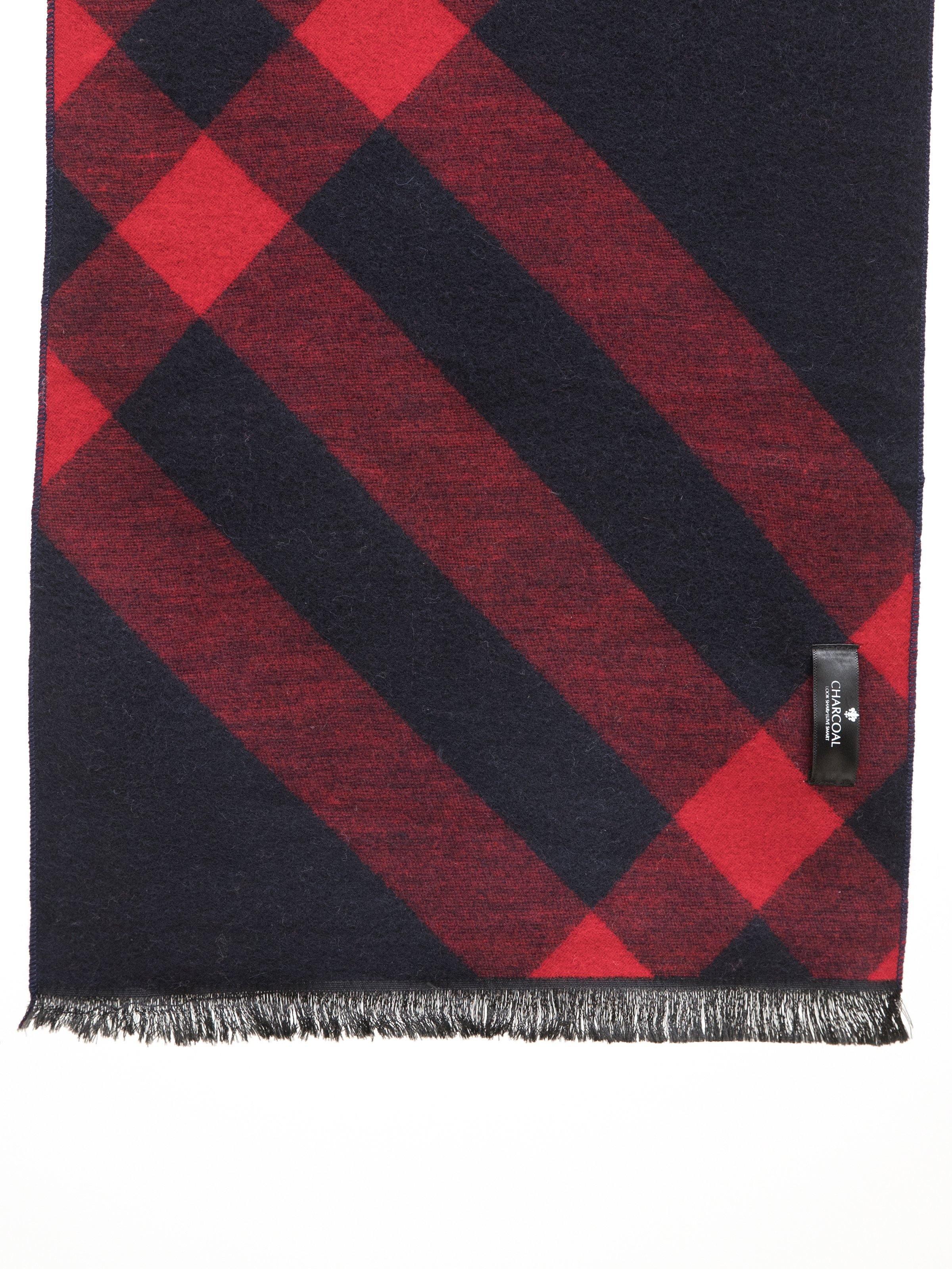 Red and navy plaid scarf close-up with woven border and fringed hem