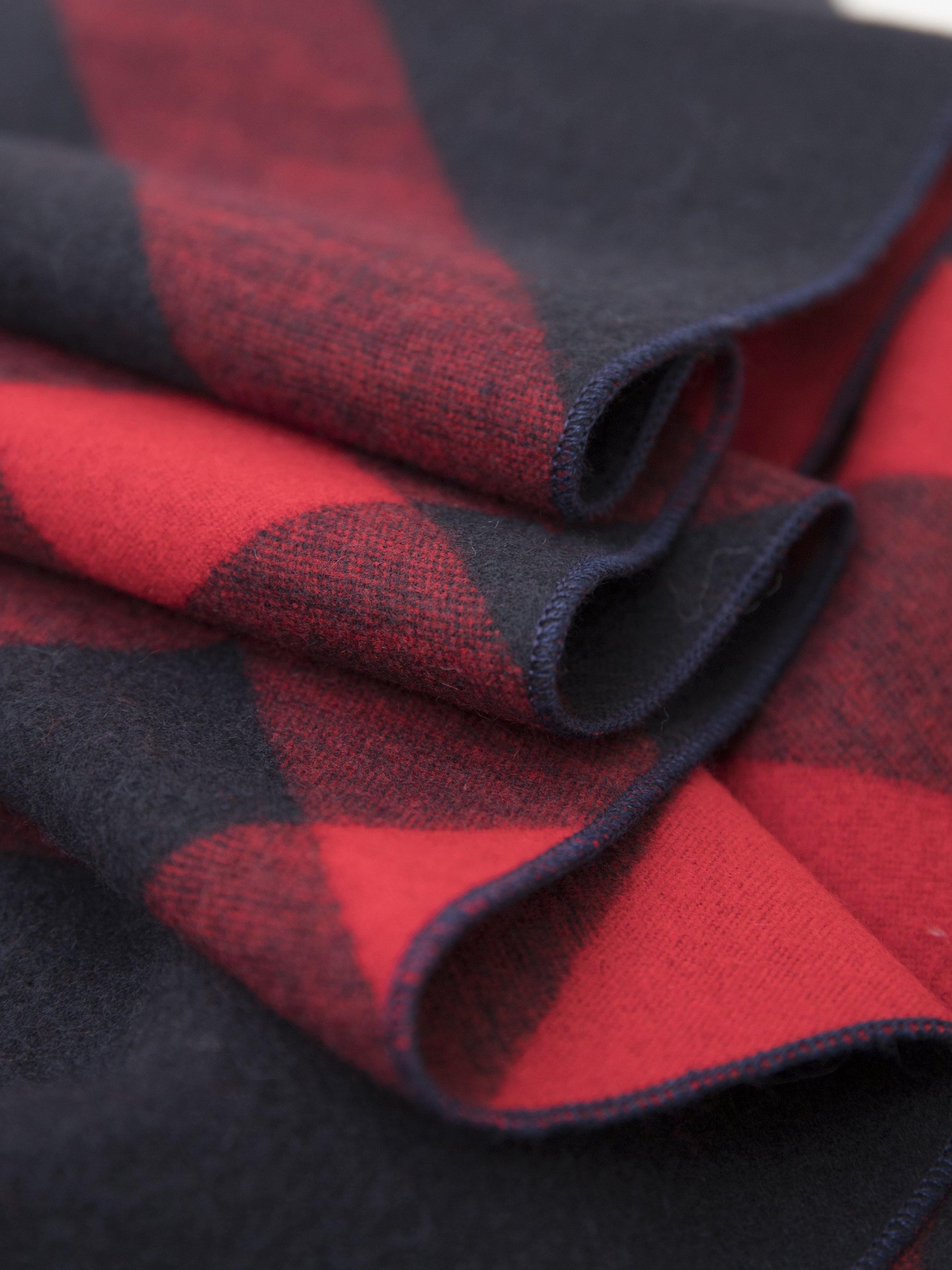 Red and navy plaid scarf fabric fold close-up