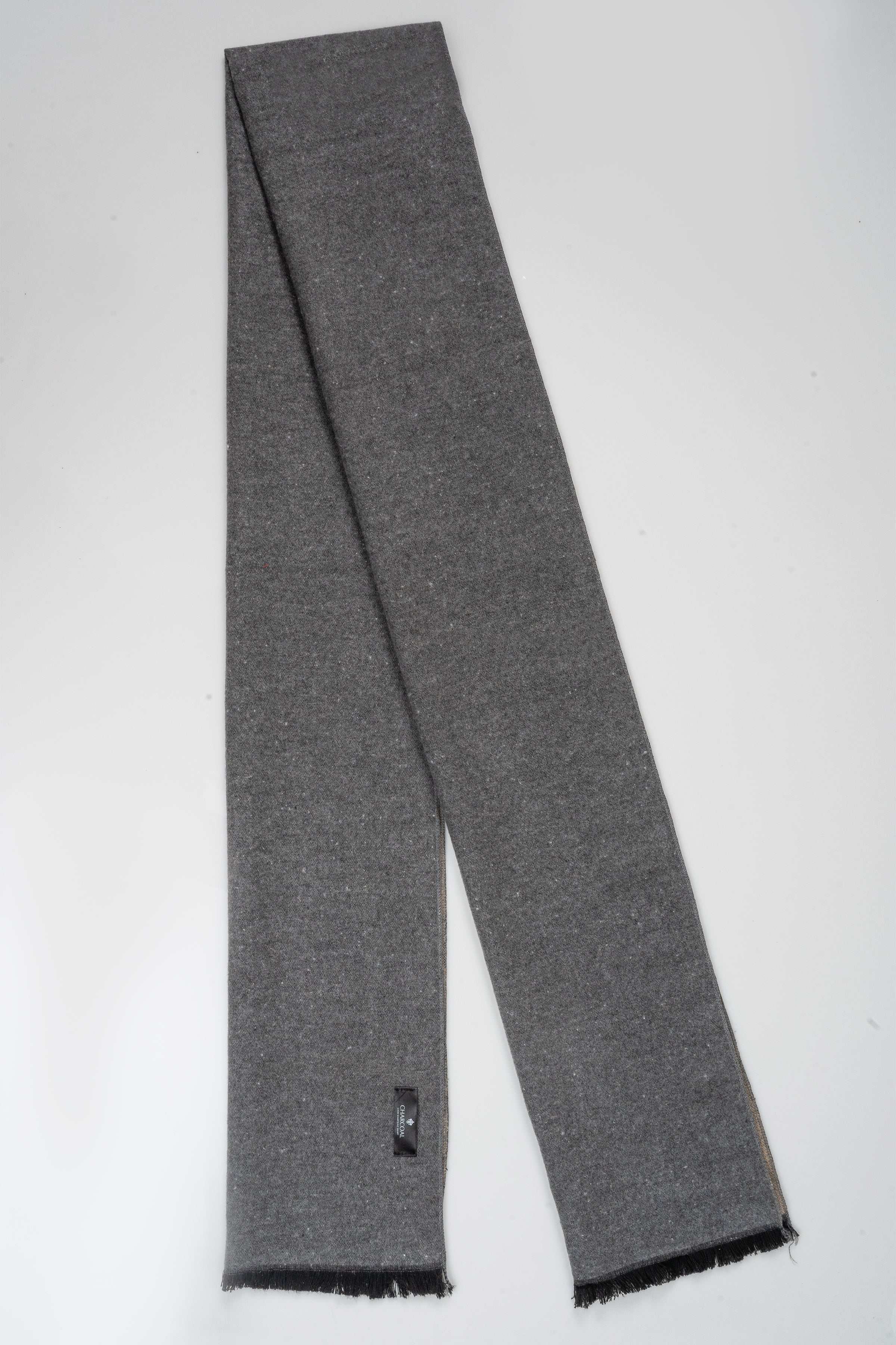Charcoal gray long scarf with straight edges and fringed ends