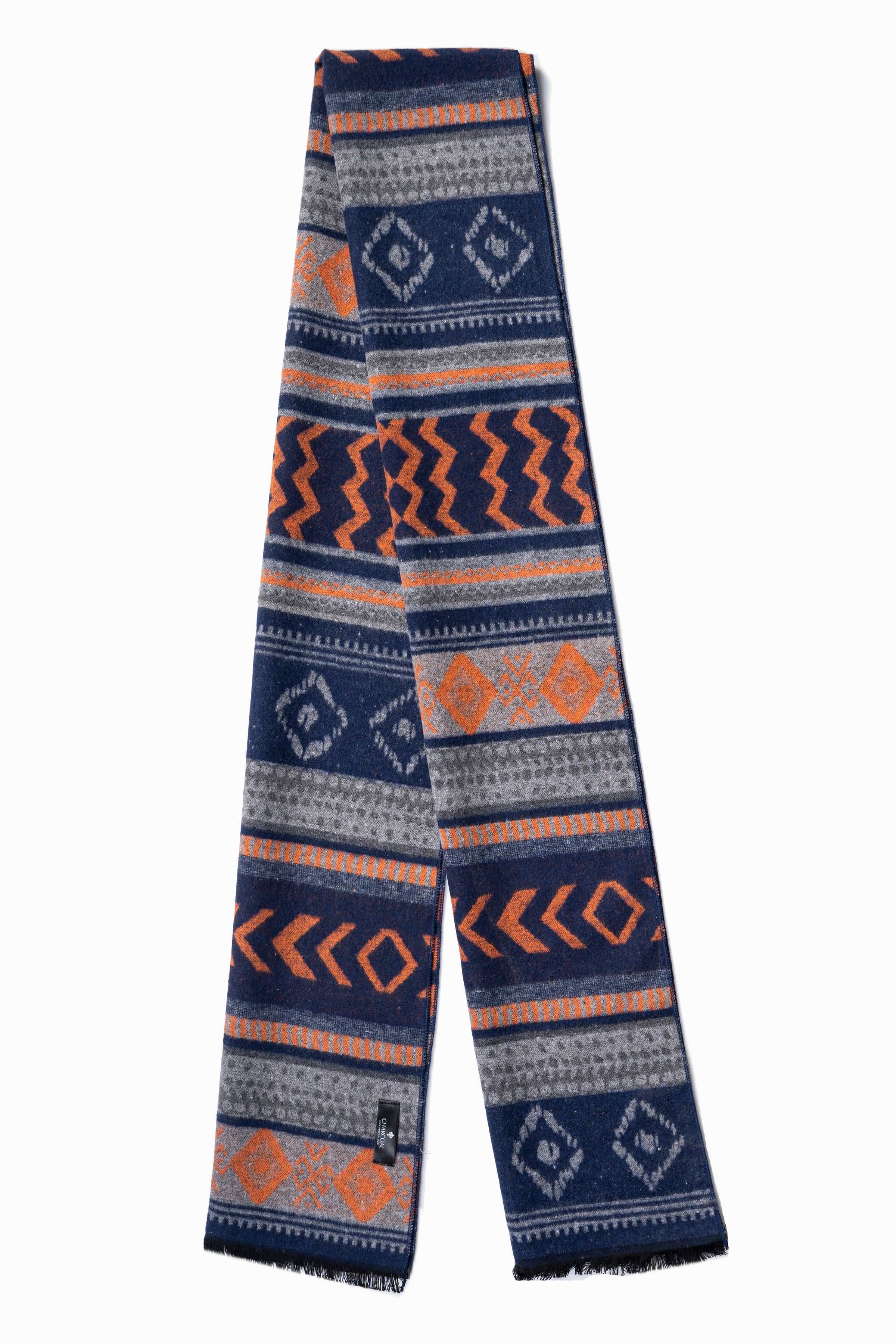 Navy, orange and gray patterned scarf with geometric bands and frayed ends