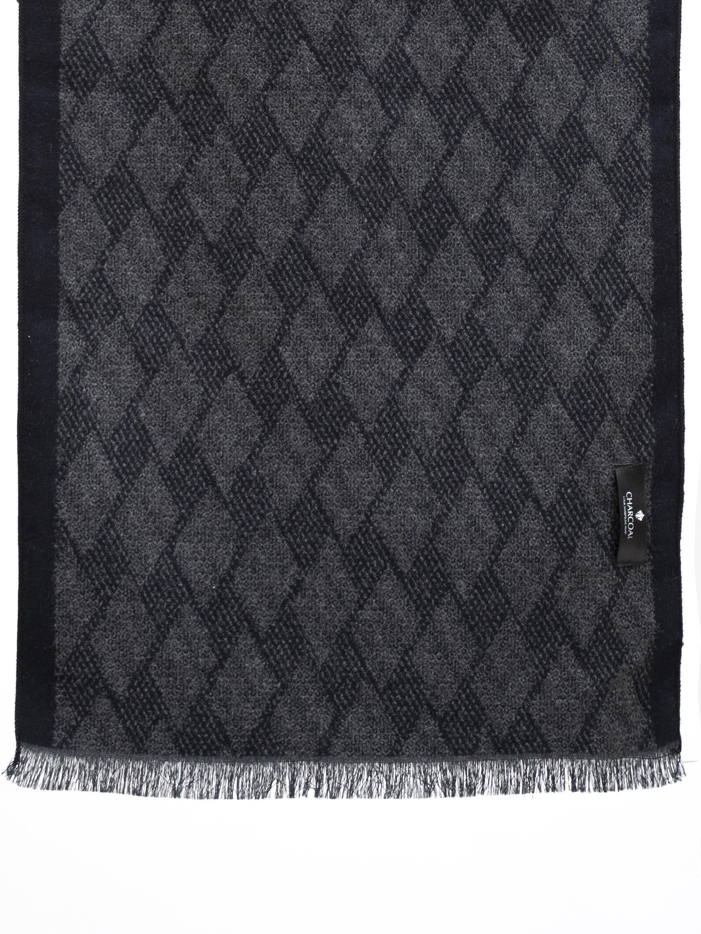 Scarf with dark charcoal diamond pattern and frayed hem, small side label