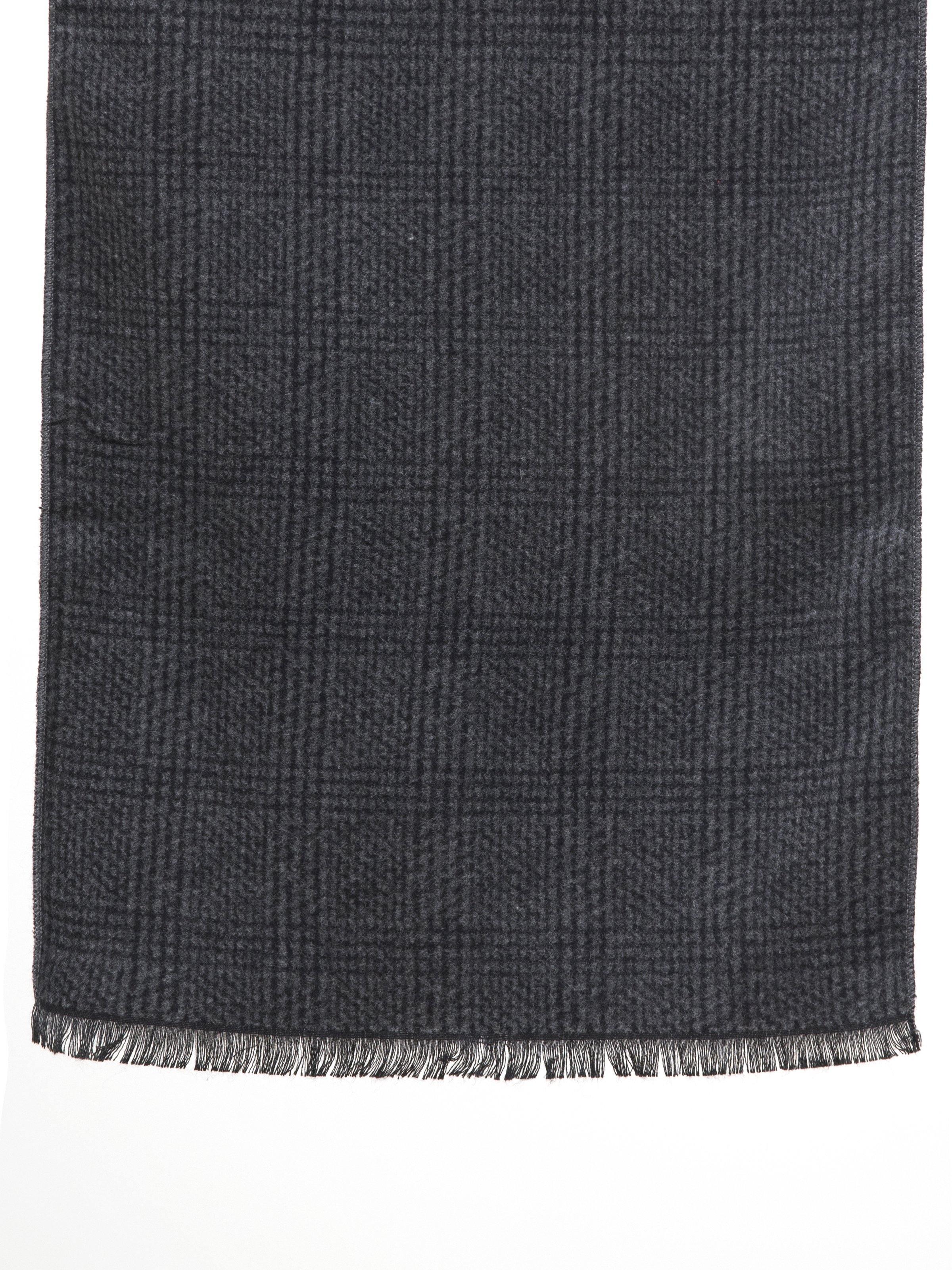 Dark gray scarf with textured grid weave and frayed hem