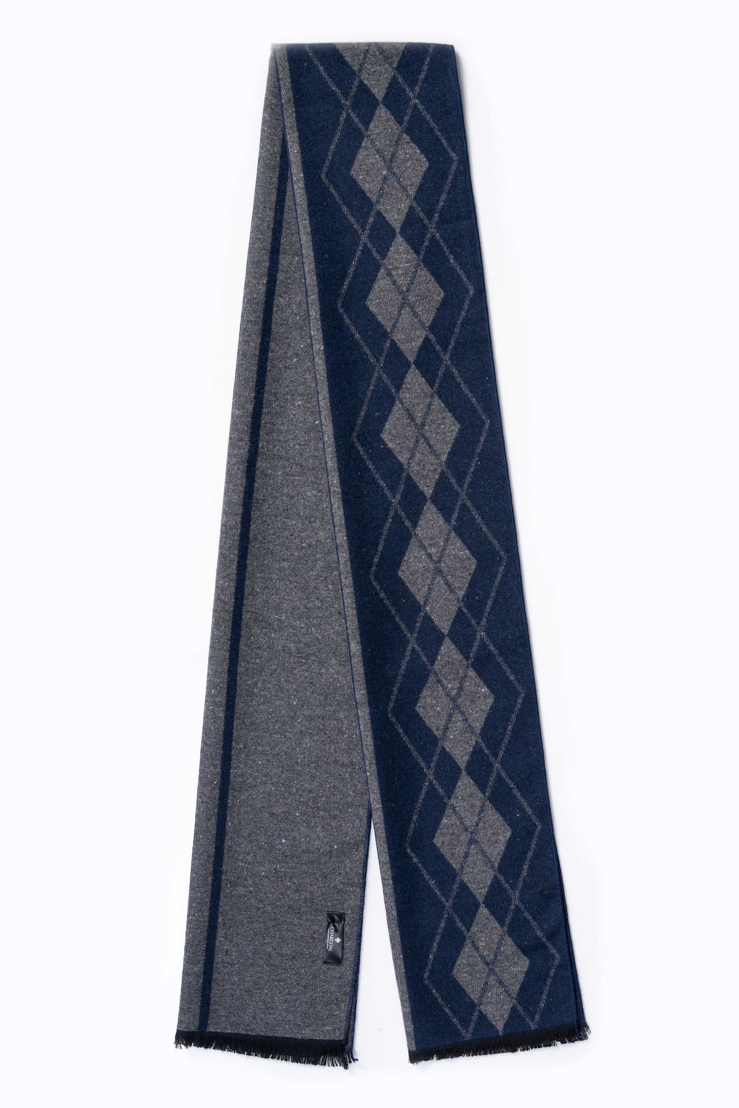 Navy and dark-gray scarf with argyle diamond pattern along one side, fringed ends