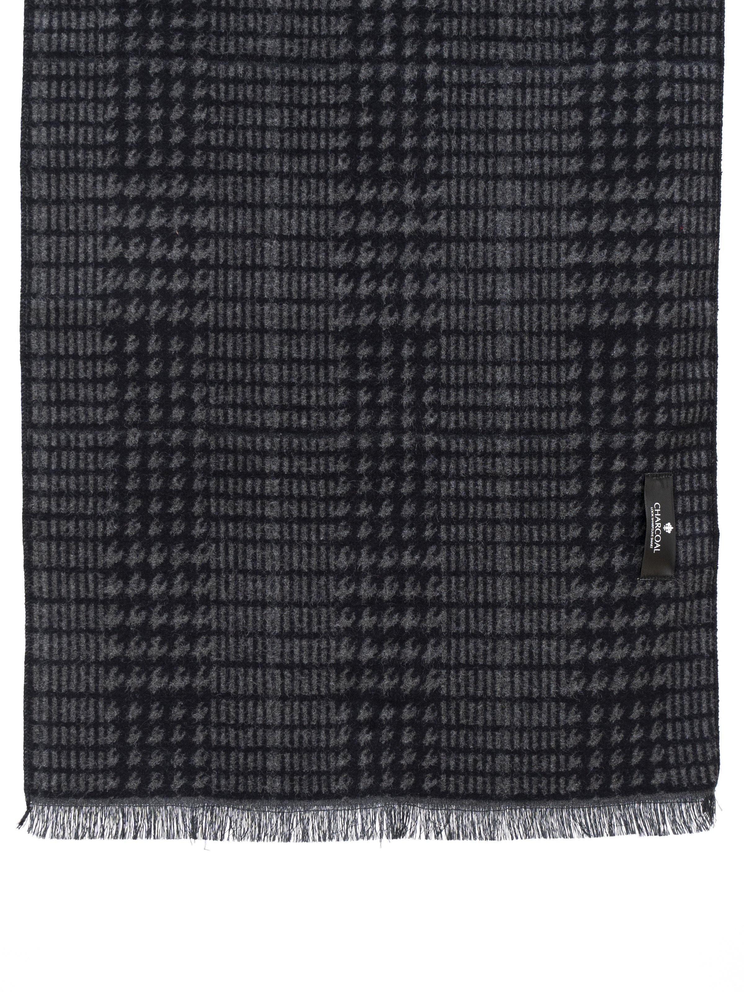 Scarf fabric in dark charcoal with woven check pattern and fringed edge