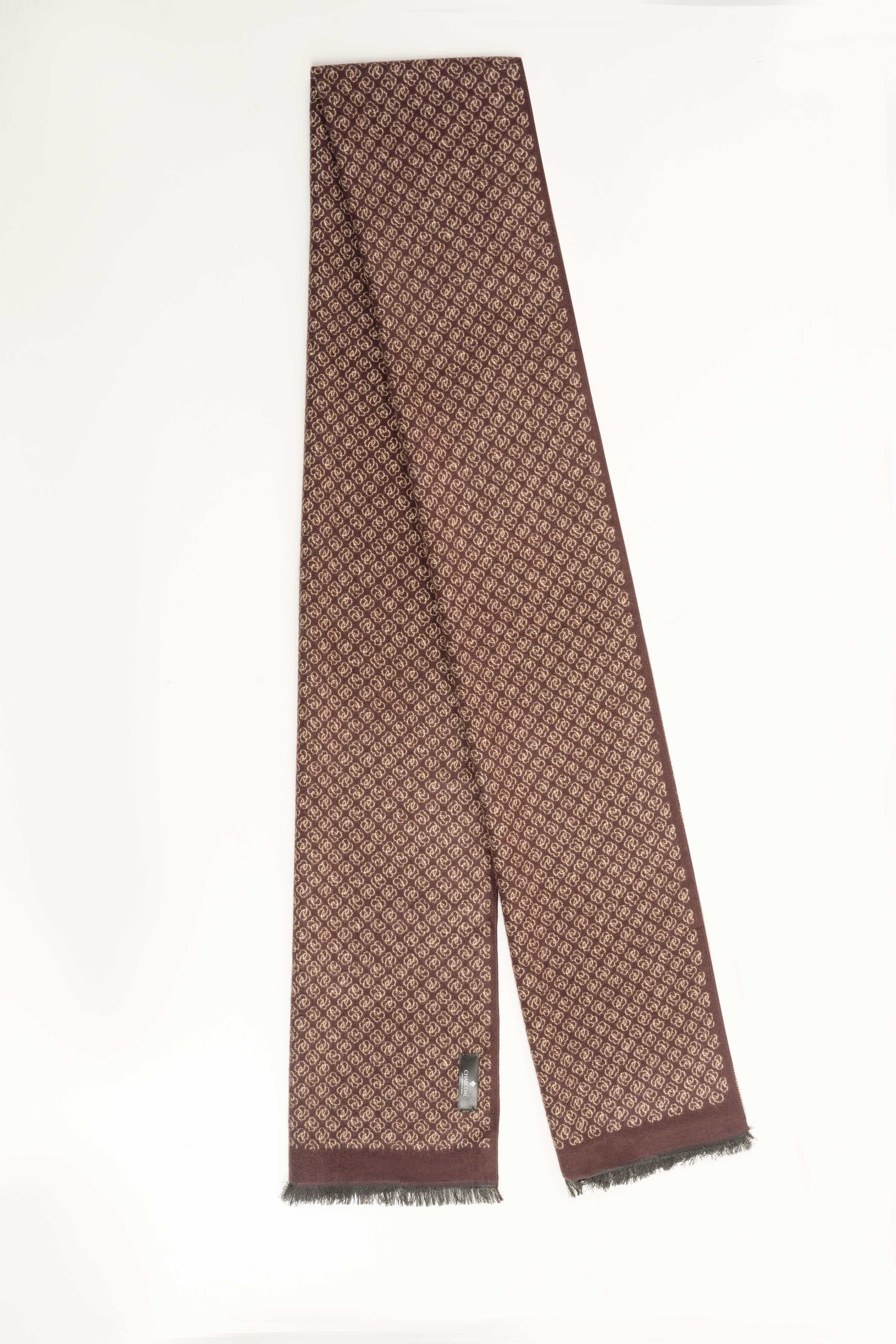 Brown patterned scarf with fringed hem, long narrow shape