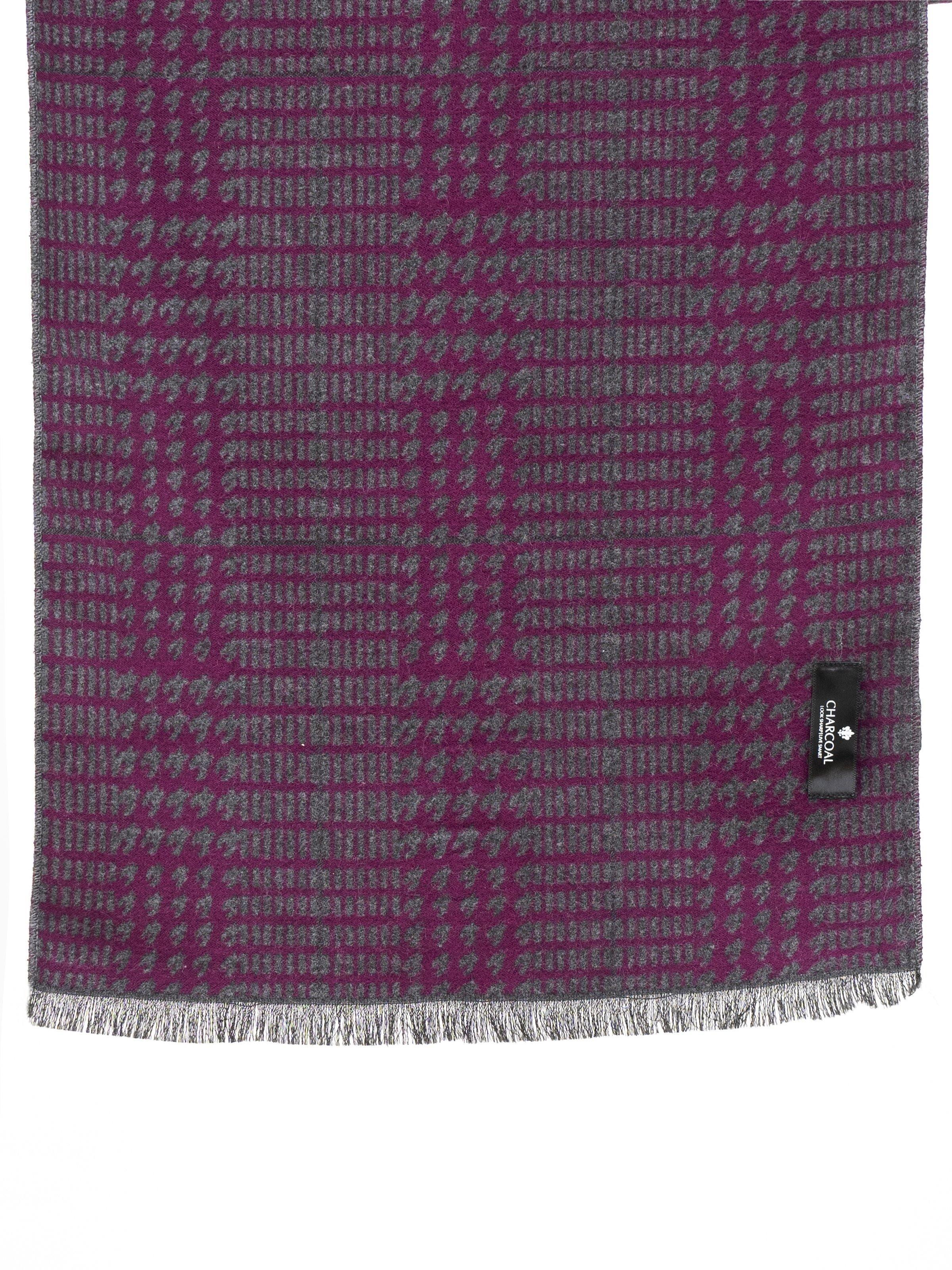 Purple and gray checkered scarf with fringe hem and small side logo tag