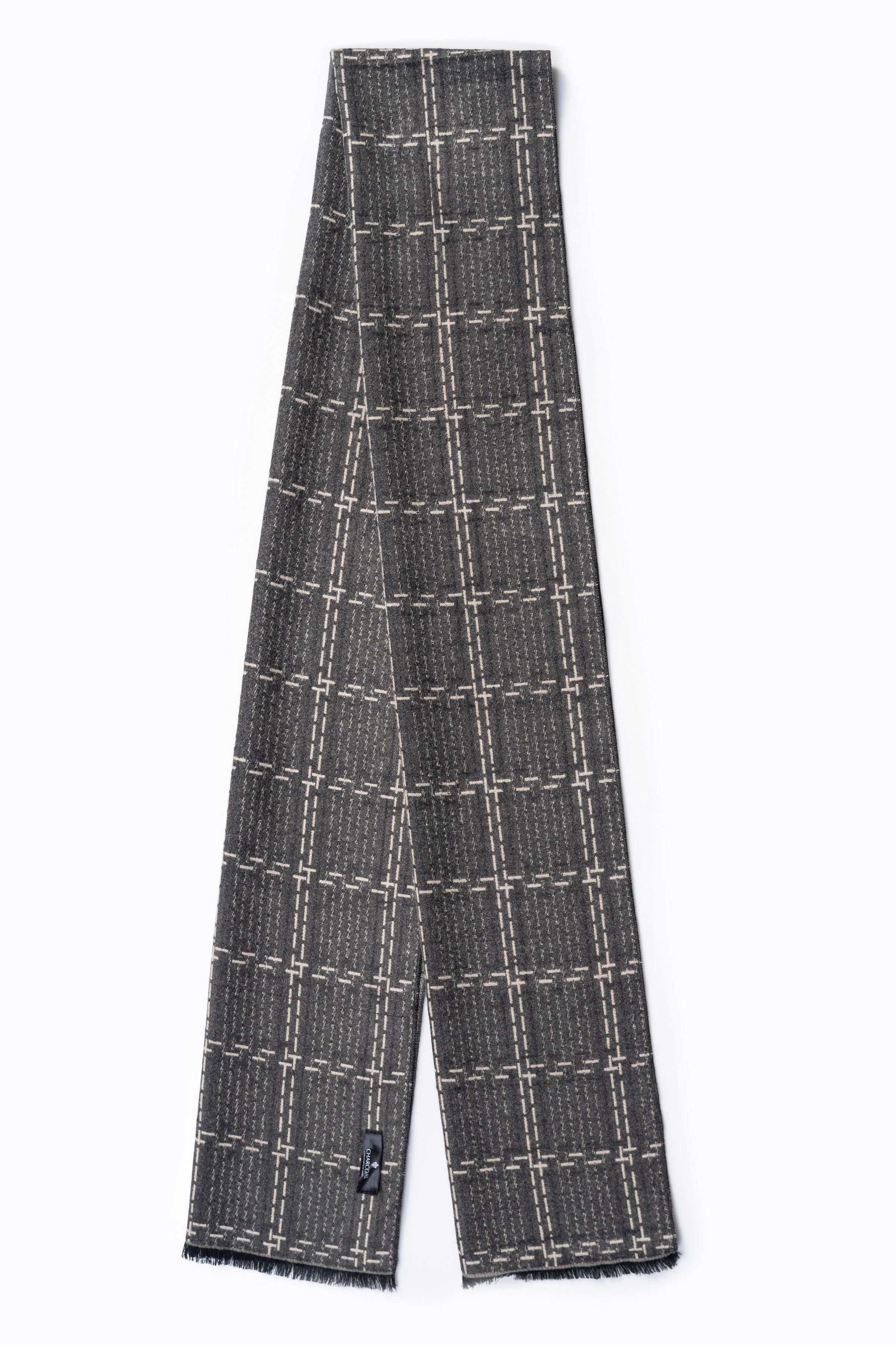 Dark gray grid scarf, straight with frayed edges and button at one end.