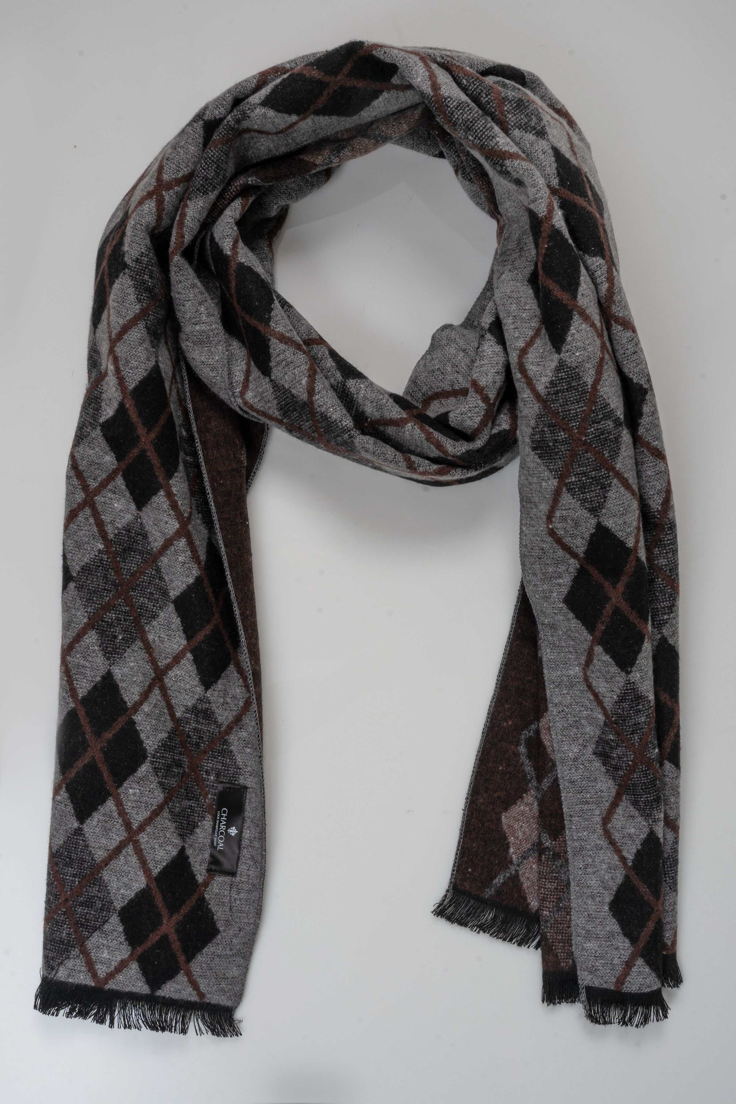 Grey argyle scarf with fringe trim and stitched dark diamond checks