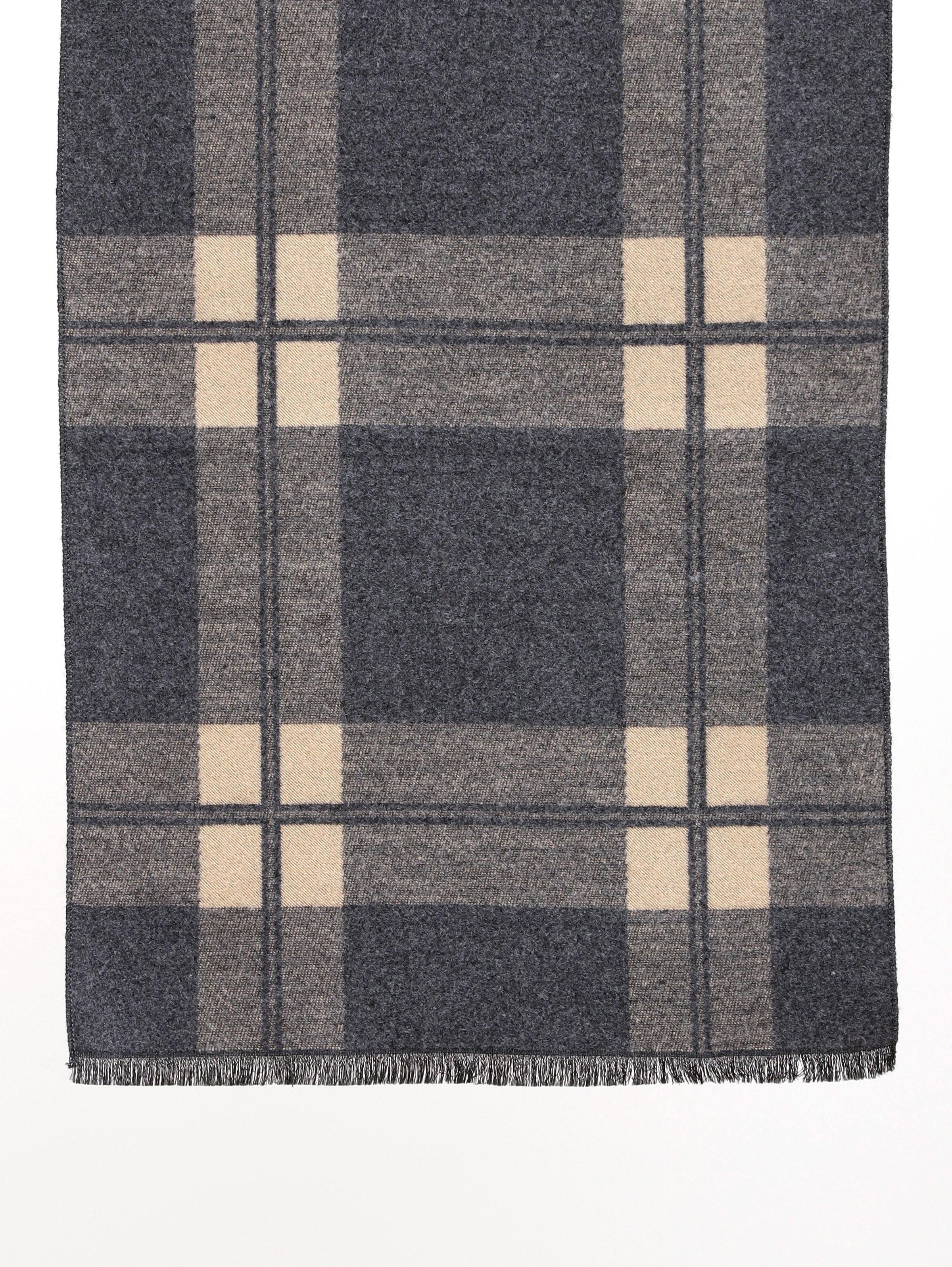 Plaid scarf fabric in dark gray with beige blocks, fringed hem