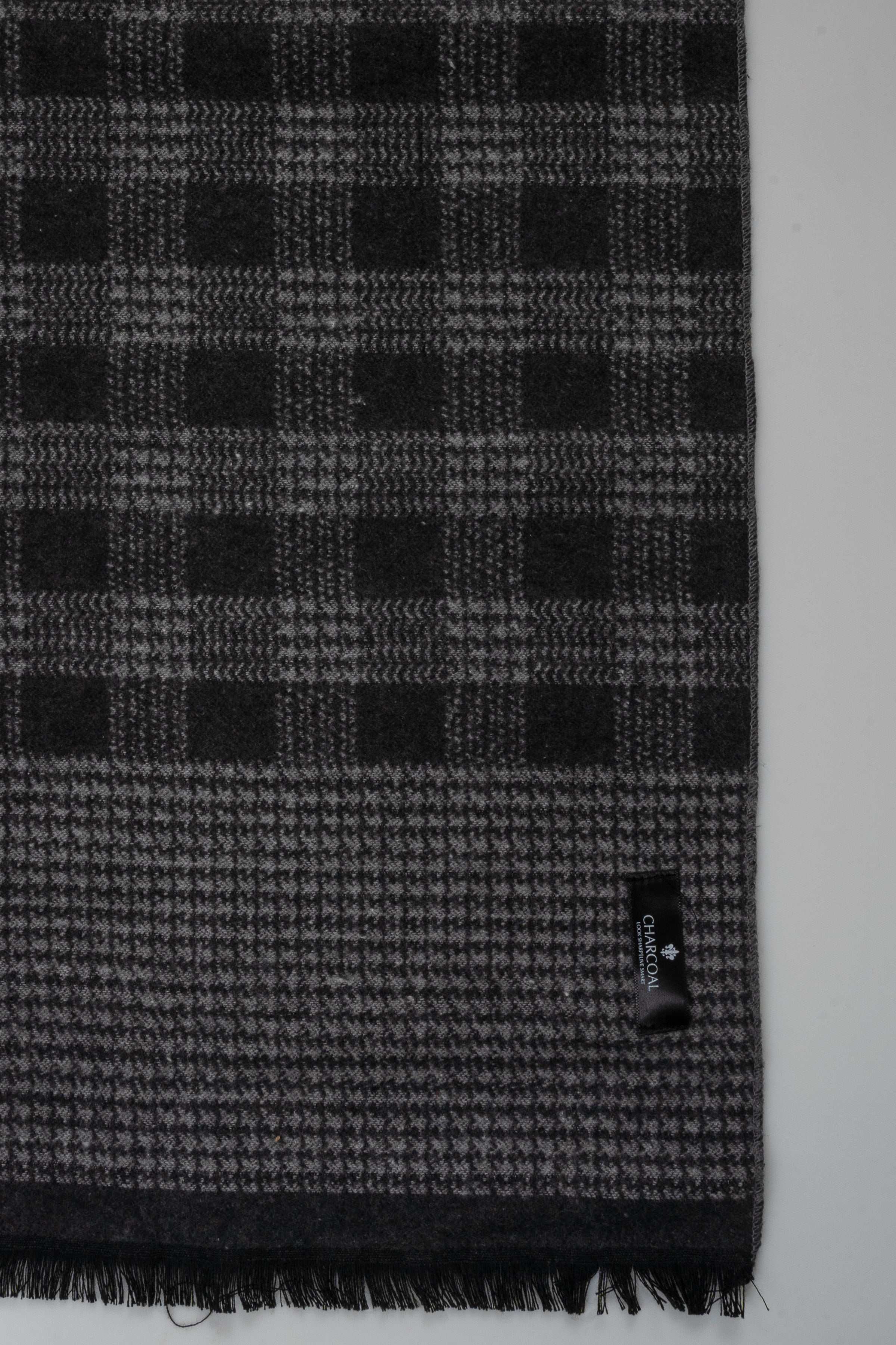 Plaid scarf panel in dark gray check with small brand tag and fringed edge