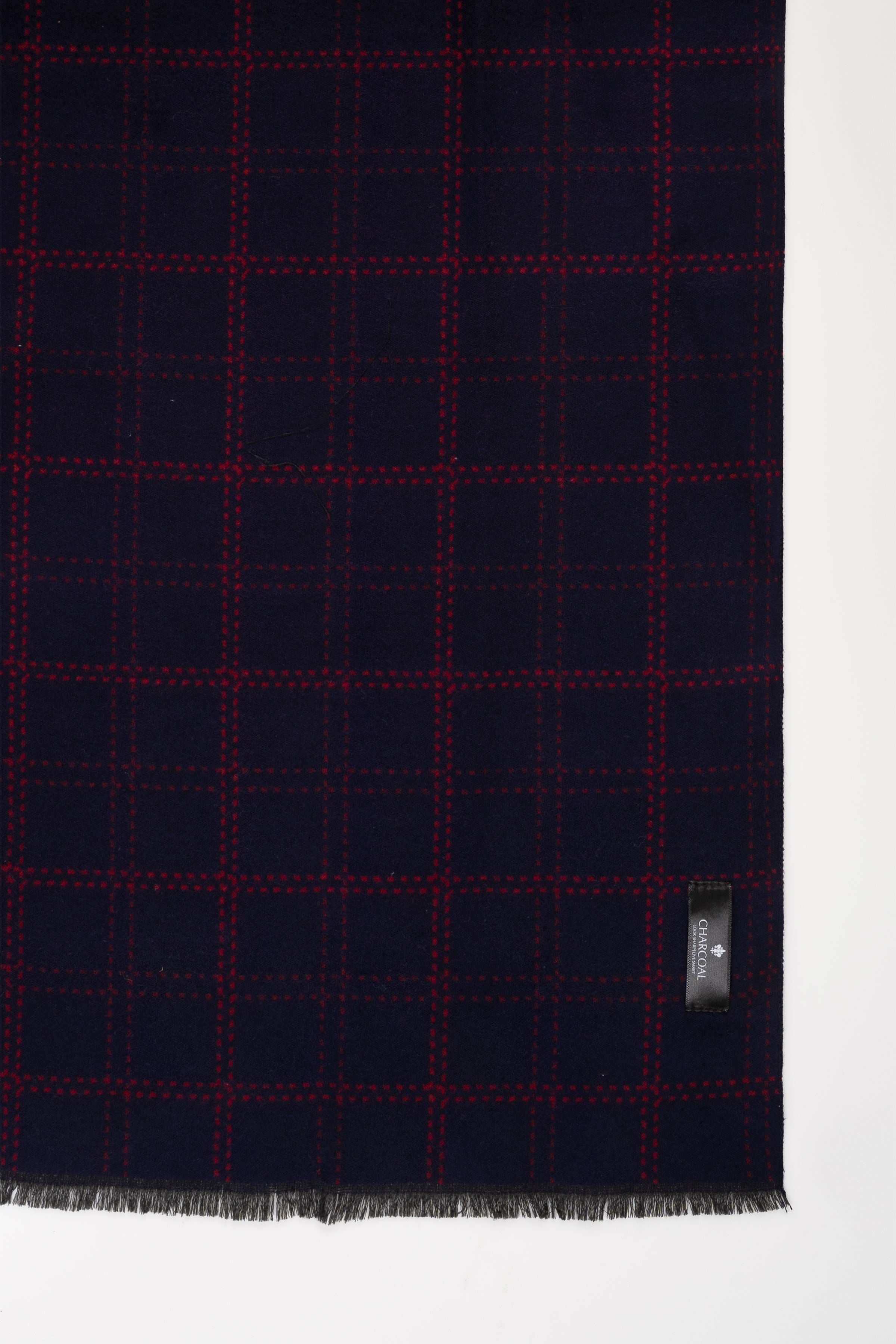 Plaid scarf in dark navy with red grid pattern, short fringed hem edge