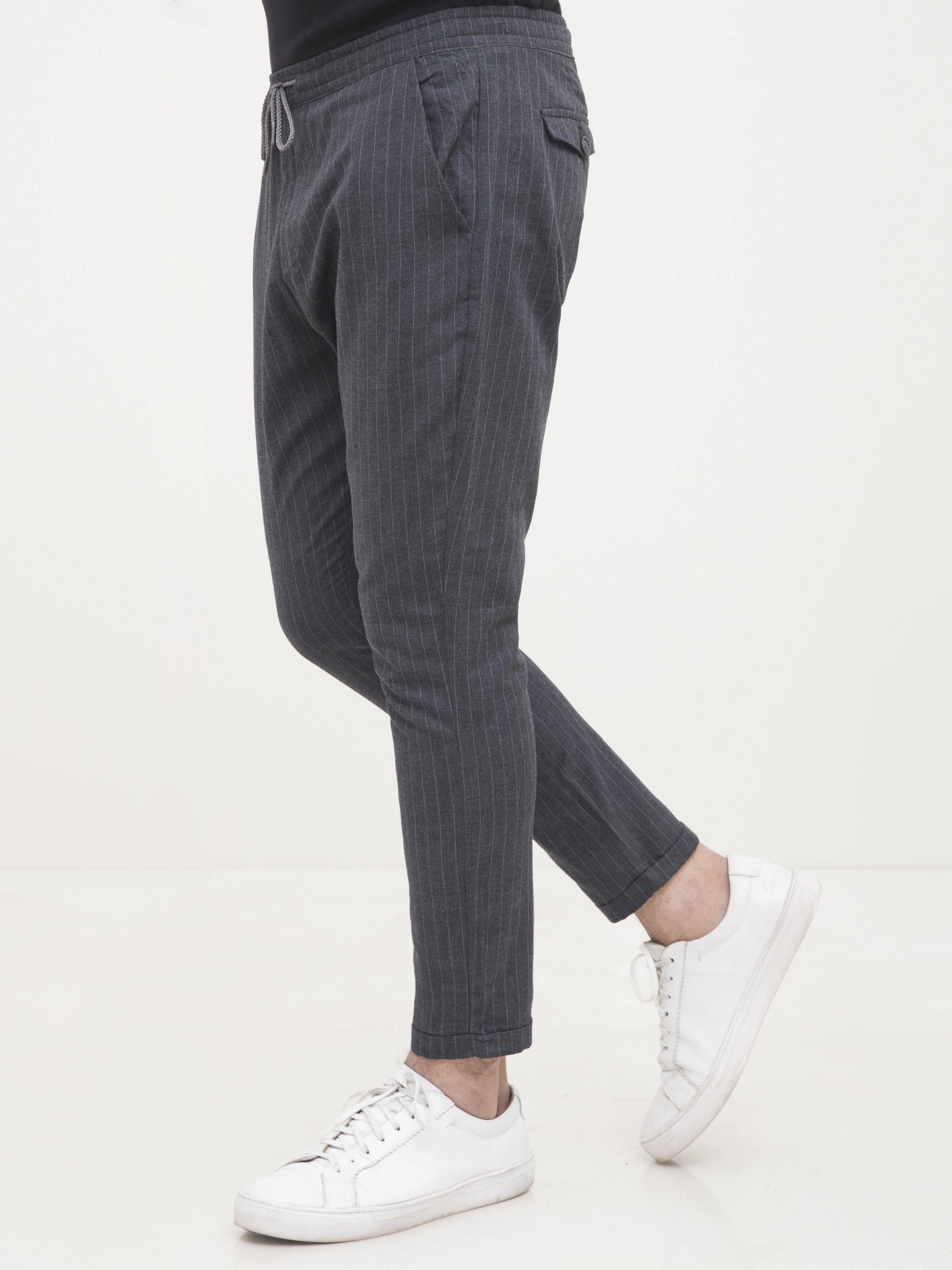 Charcoal black casual trousers with drawstring elastic waist and tapered leg
