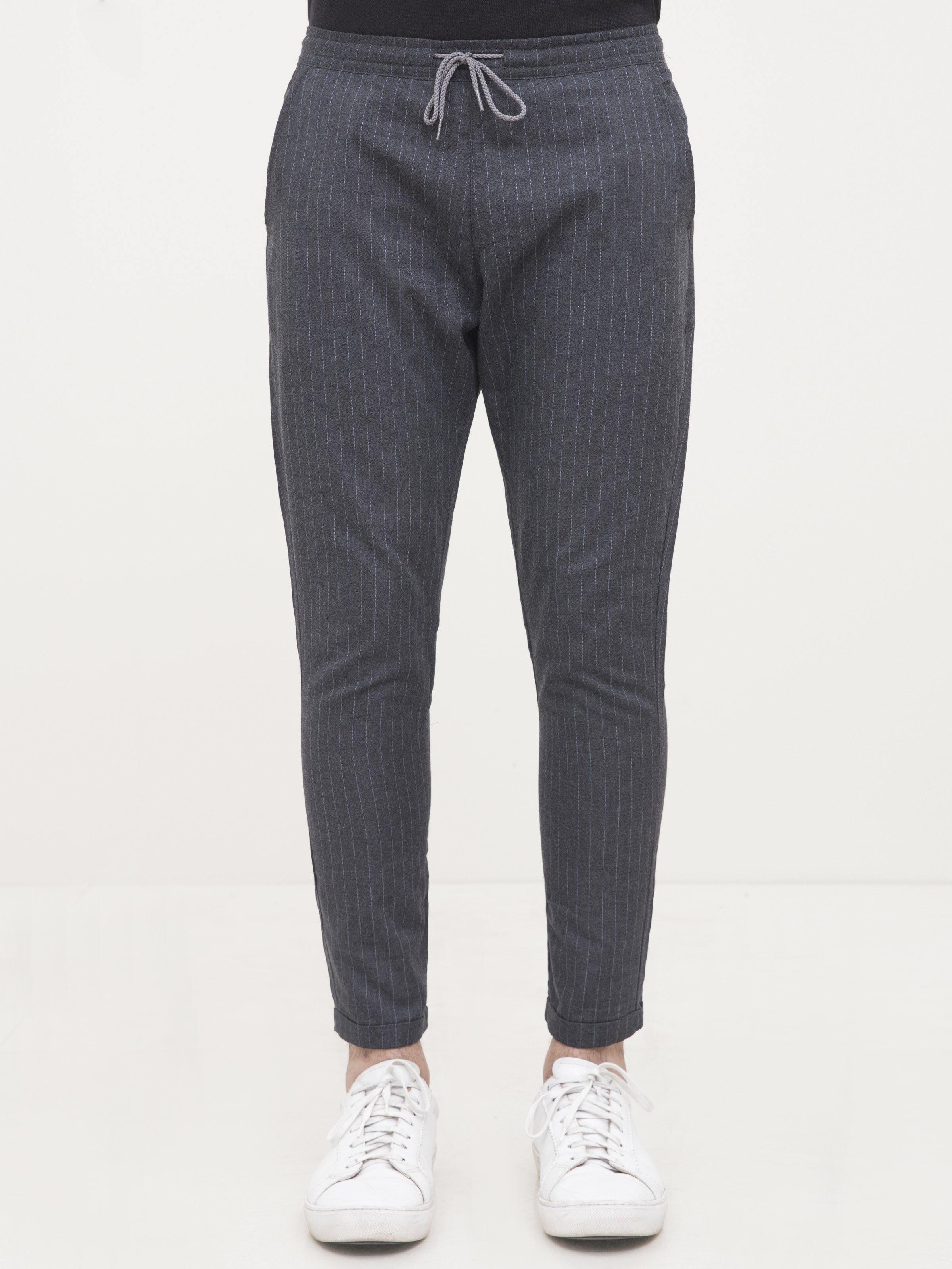 Charcoal black casual trousers, front view, drawstring waist and slim tapered fit