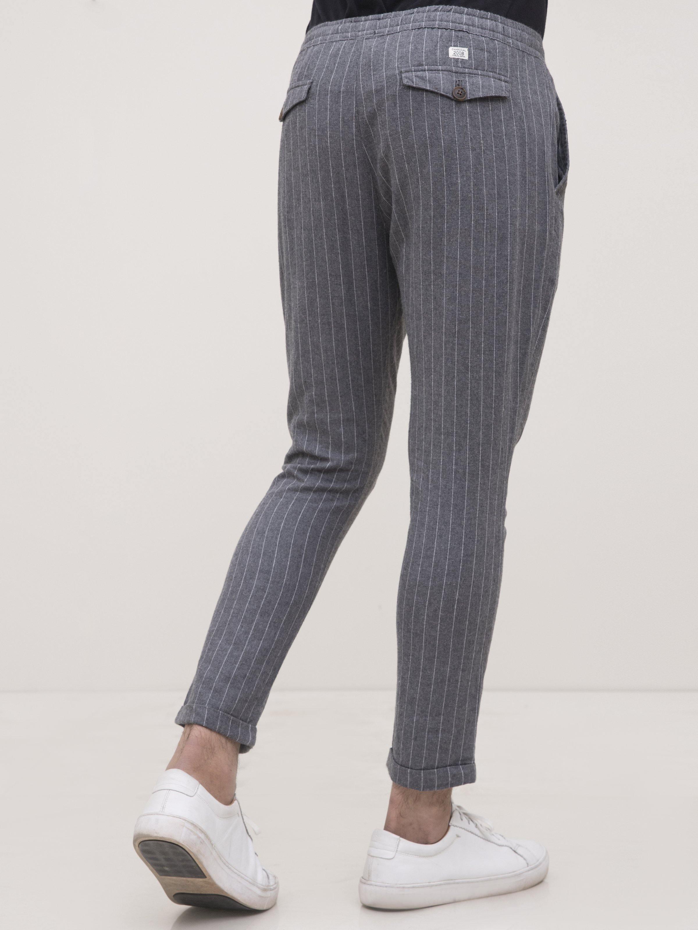 Self-lined casual trousers, dark grey pinstripe, back pocket flap, tapered fit