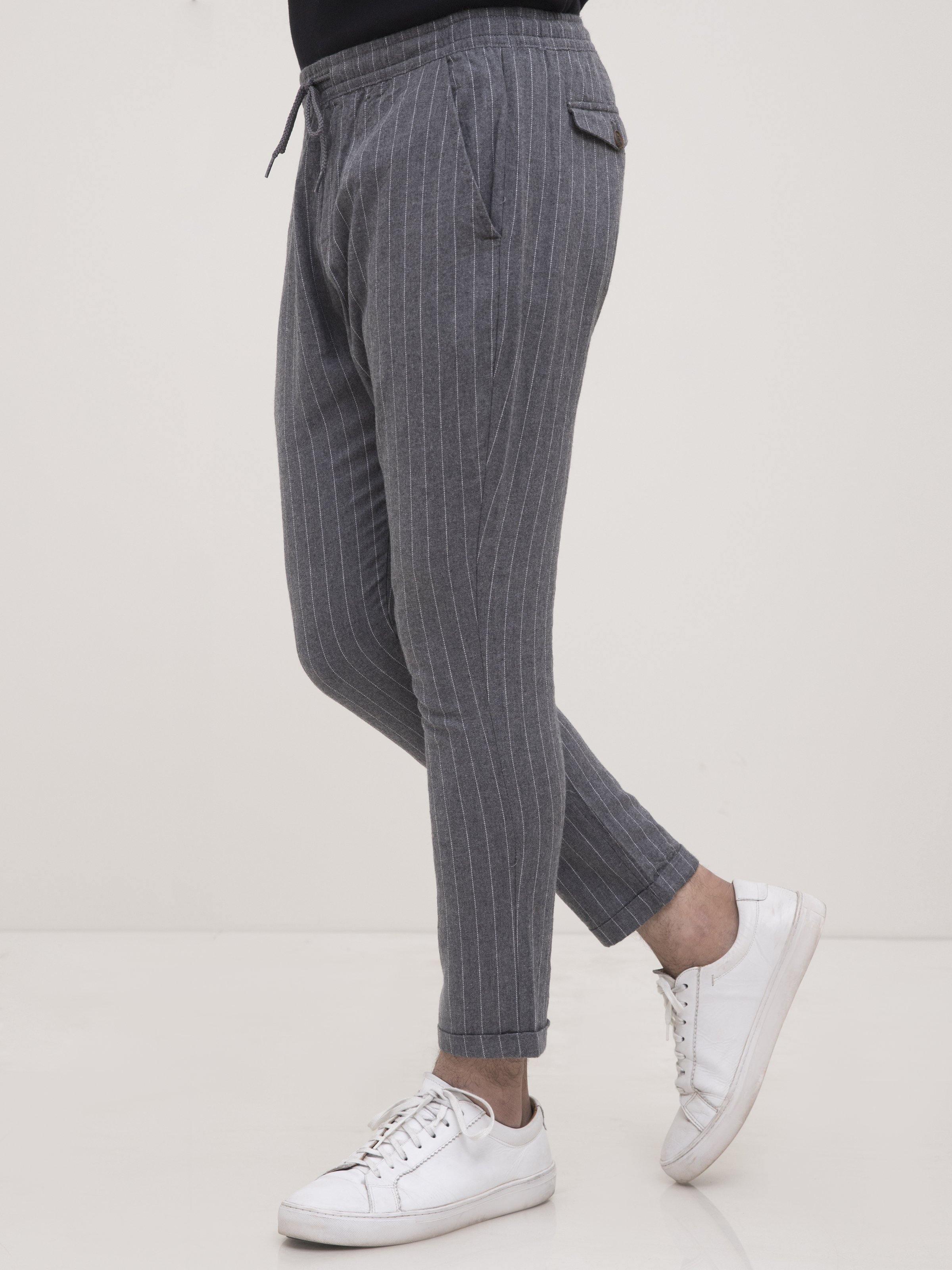 Self-lined casual trousers, dark grey pinstripe, drawstring waist, side pockets