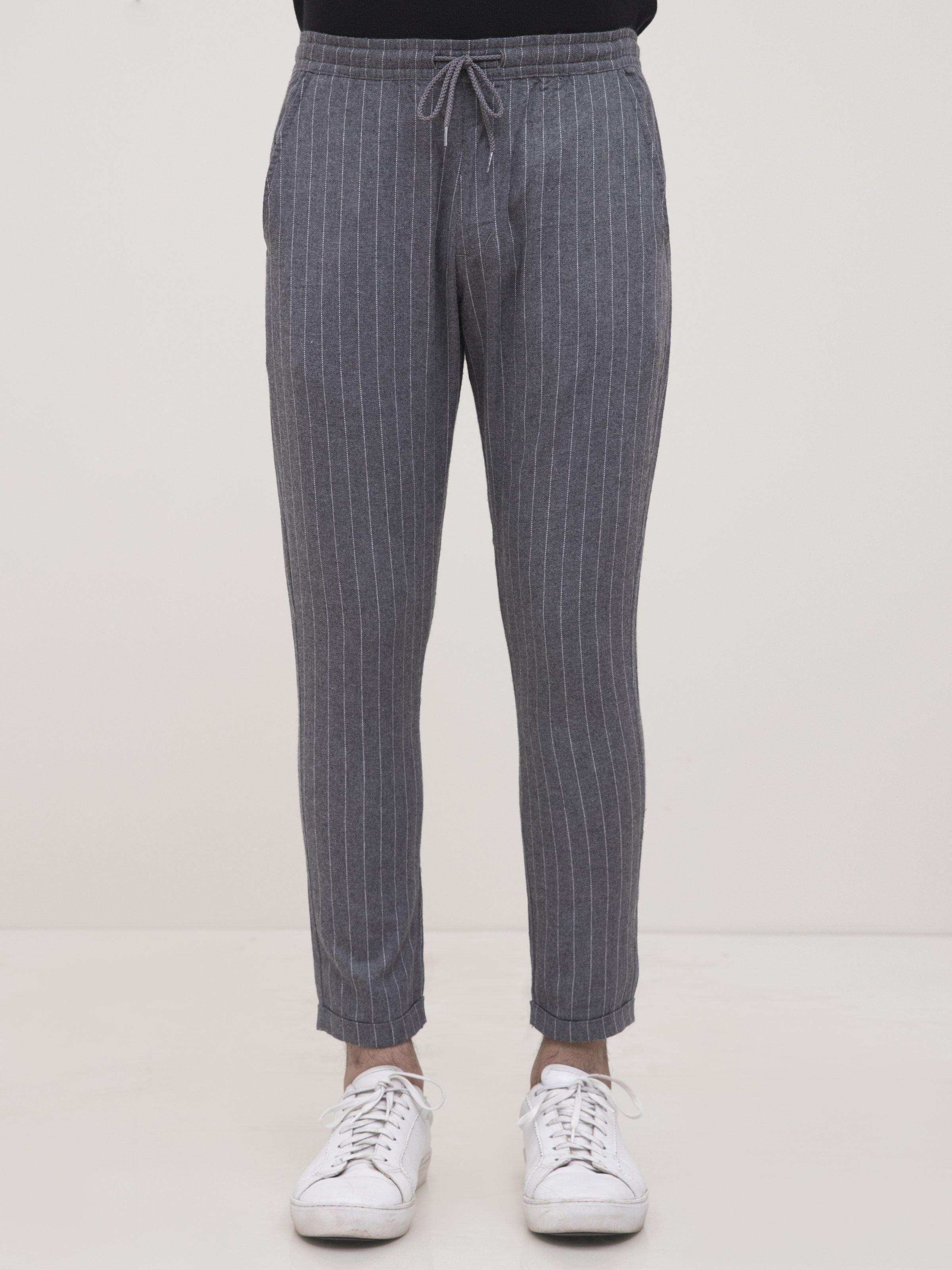 Self-lined casual trousers, dark grey pinstripe, drawstring waist, tapered legs