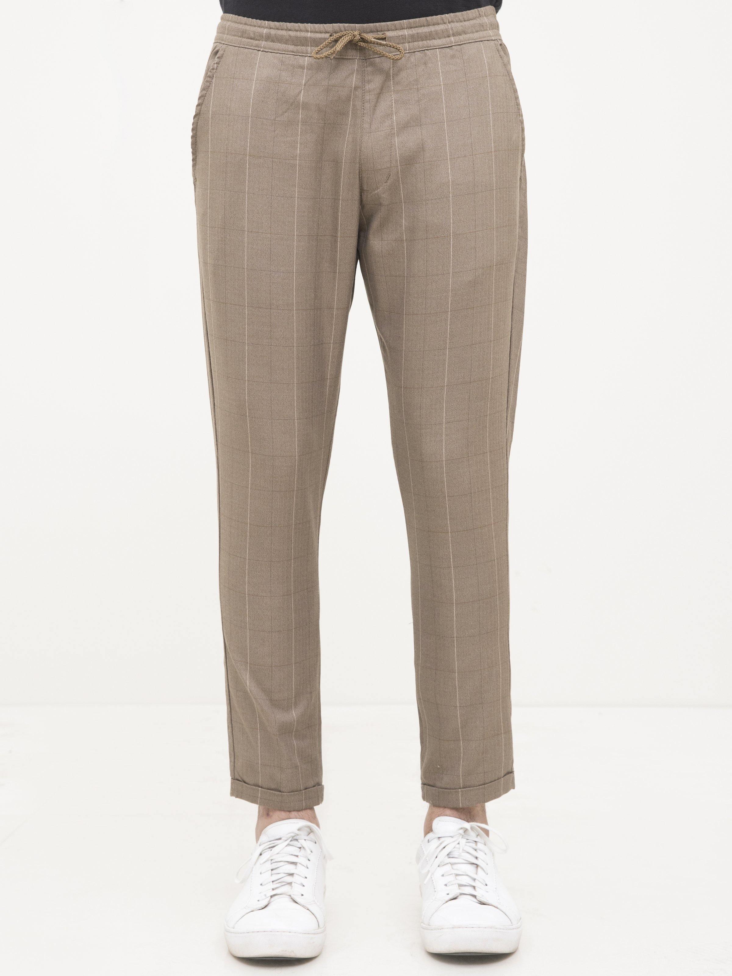 Dark khaki casual trousers with zip fly, belt loops, and front crease