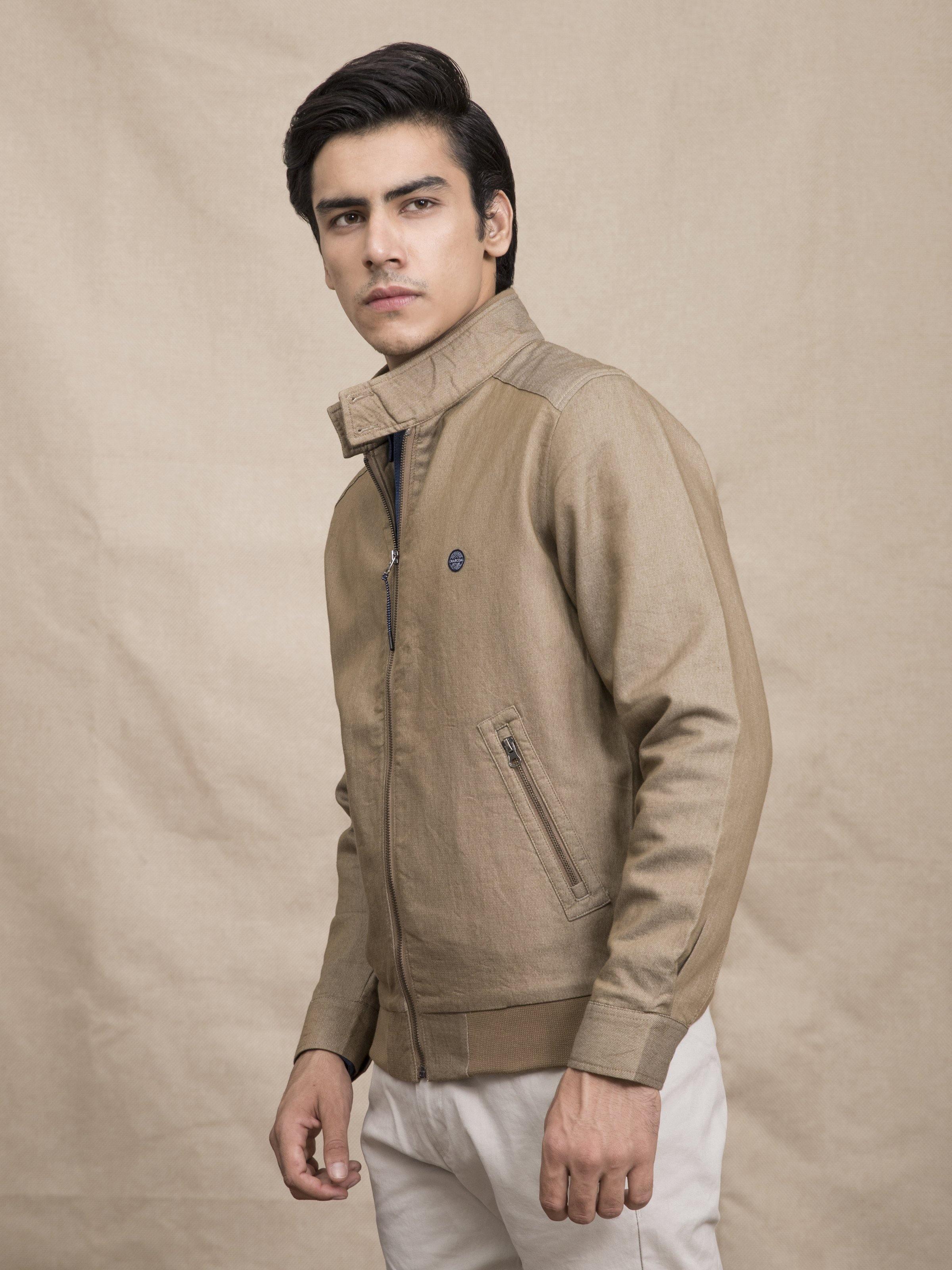 Light brown textured jacket with ban collar, zip front, and chest pocket