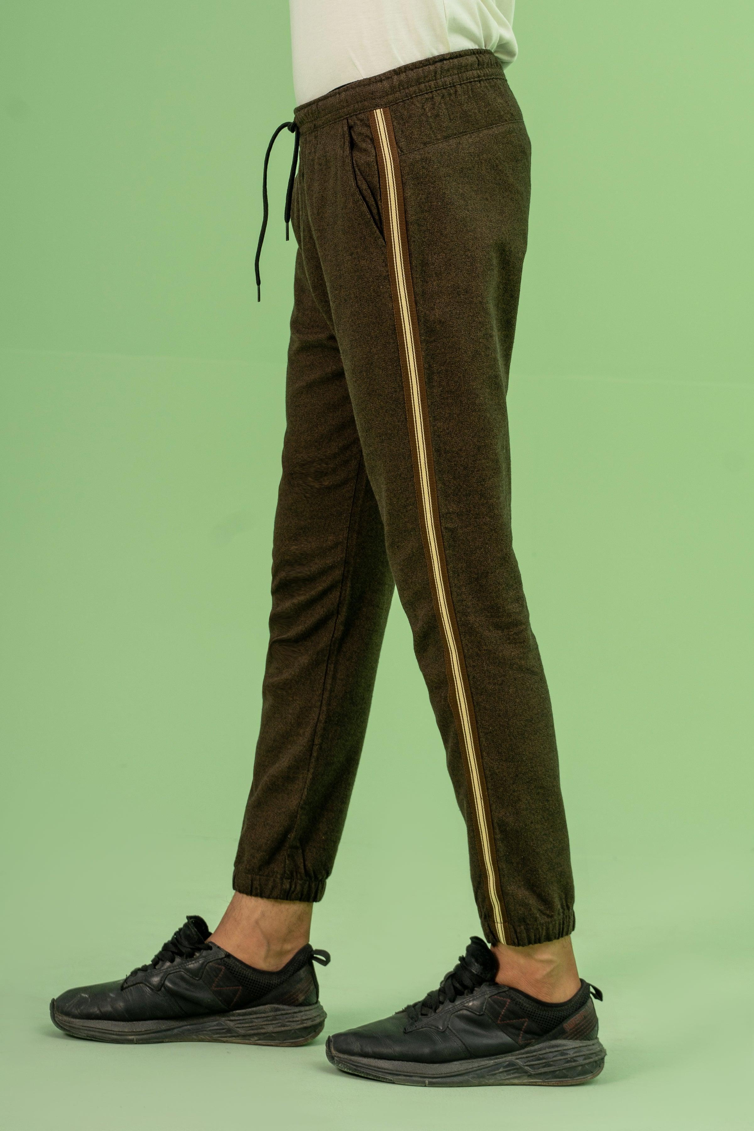 SELF TEXTURED CONTRAST TAPE TROUSER BROWN KHAKI at Charcoal Clothing