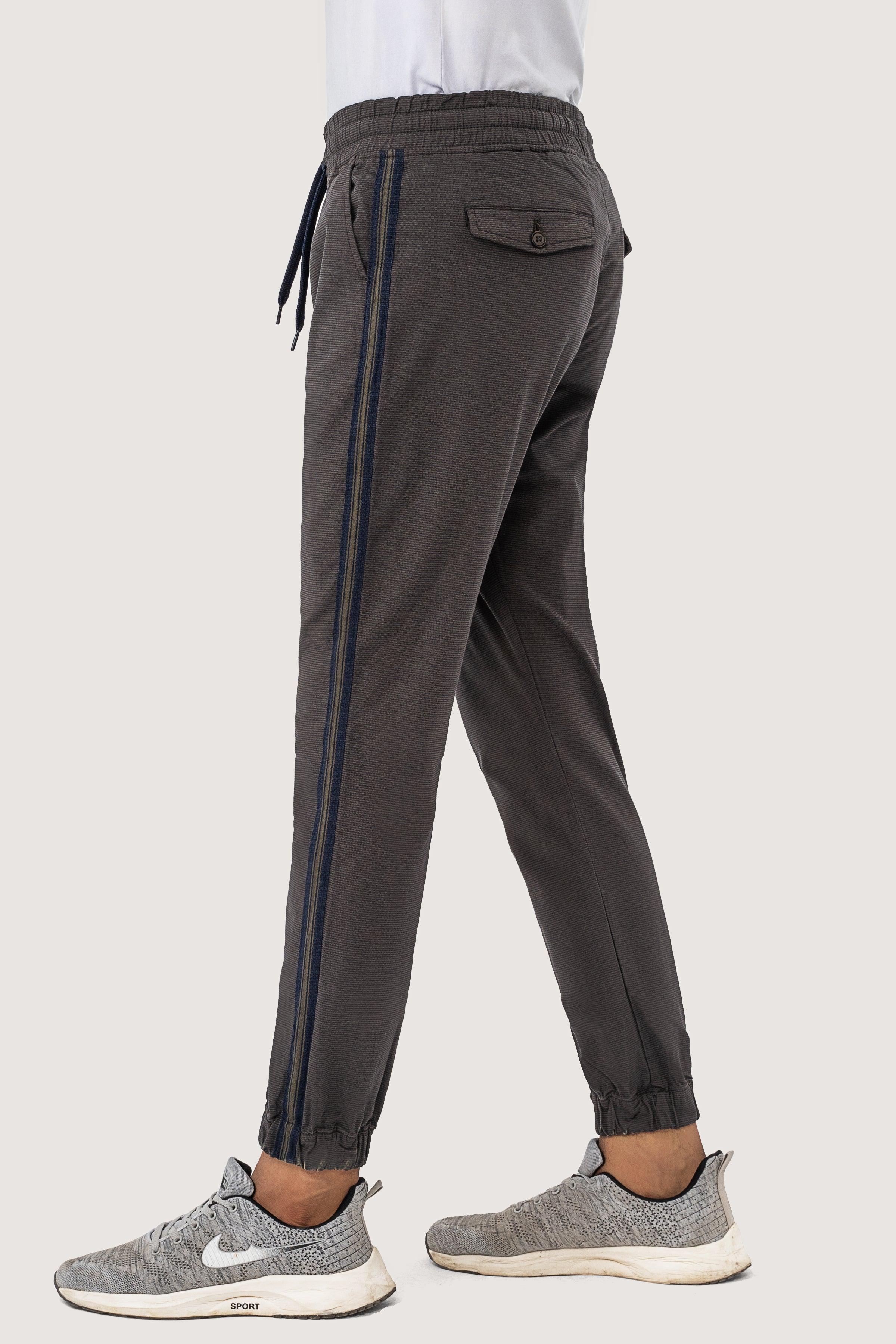 SELF TEXTURED CONTRAST TAPE TROUSER OLIVE at Charcoal Clothing