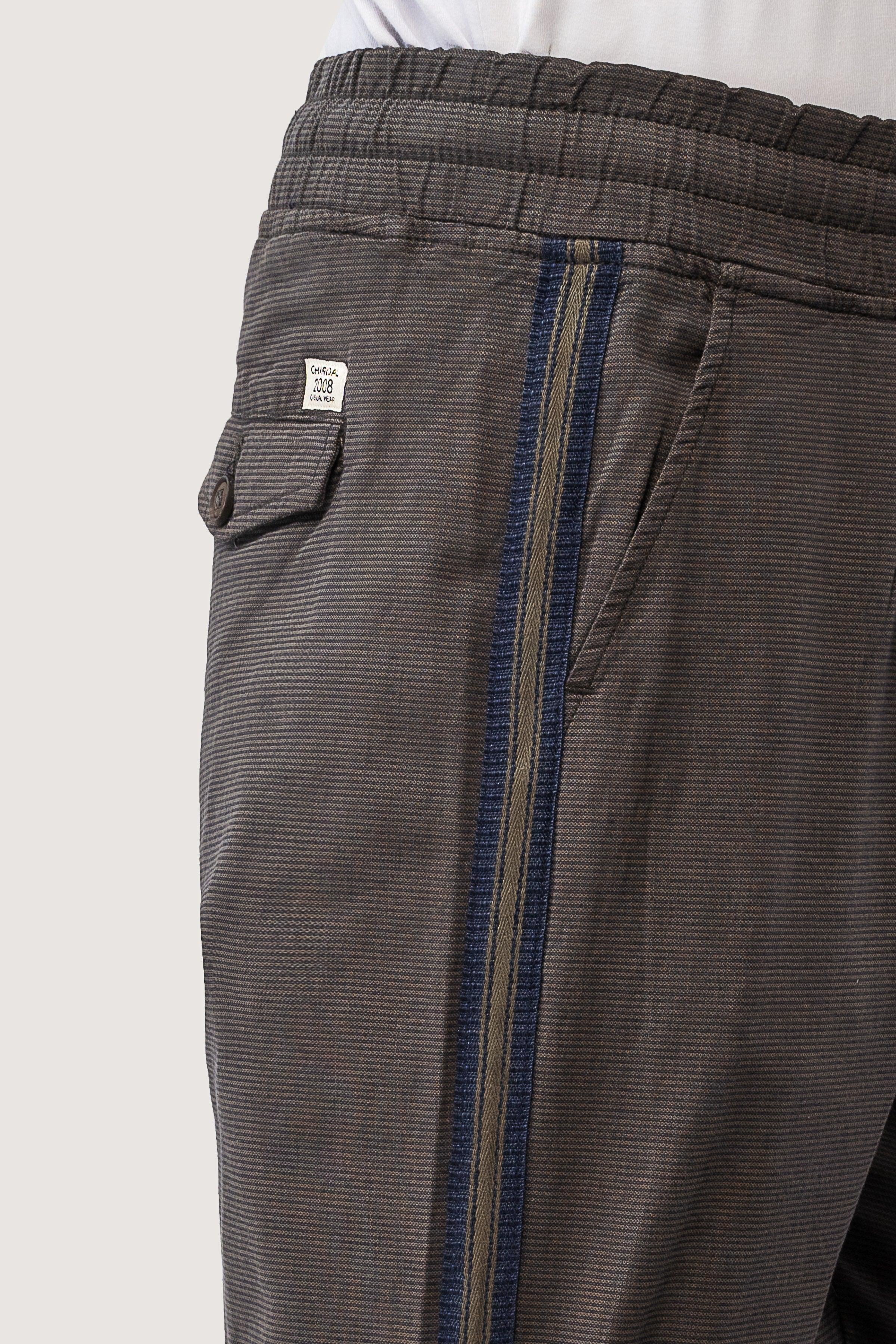 SELF TEXTURED CONTRAST TAPE TROUSER OLIVE at Charcoal Clothing