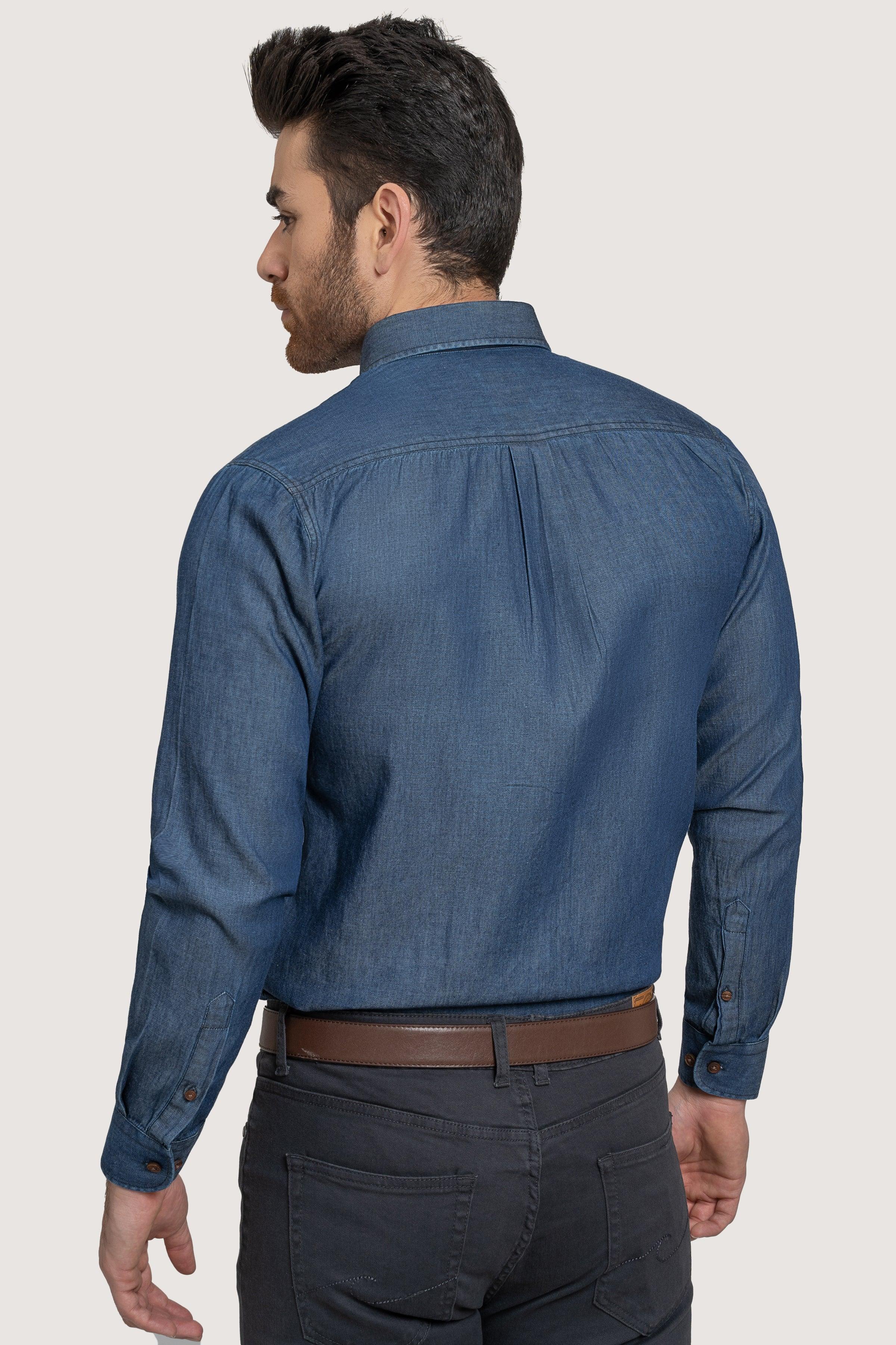 SEMI CASUAL DENIM SHIRT DARK BLUE at Charcoal Clothing
