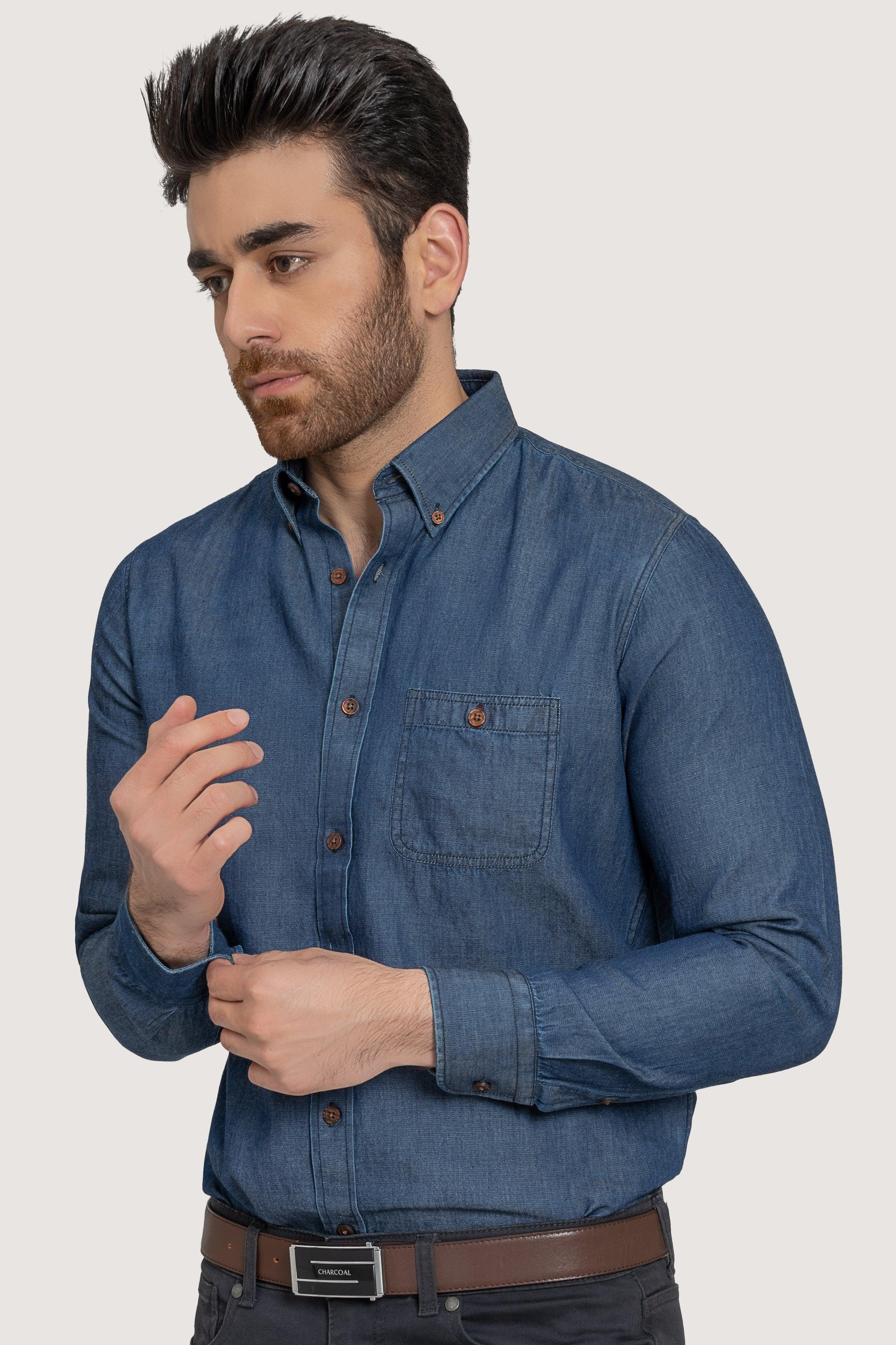 SEMI CASUAL DENIM SHIRT DARK BLUE at Charcoal Clothing