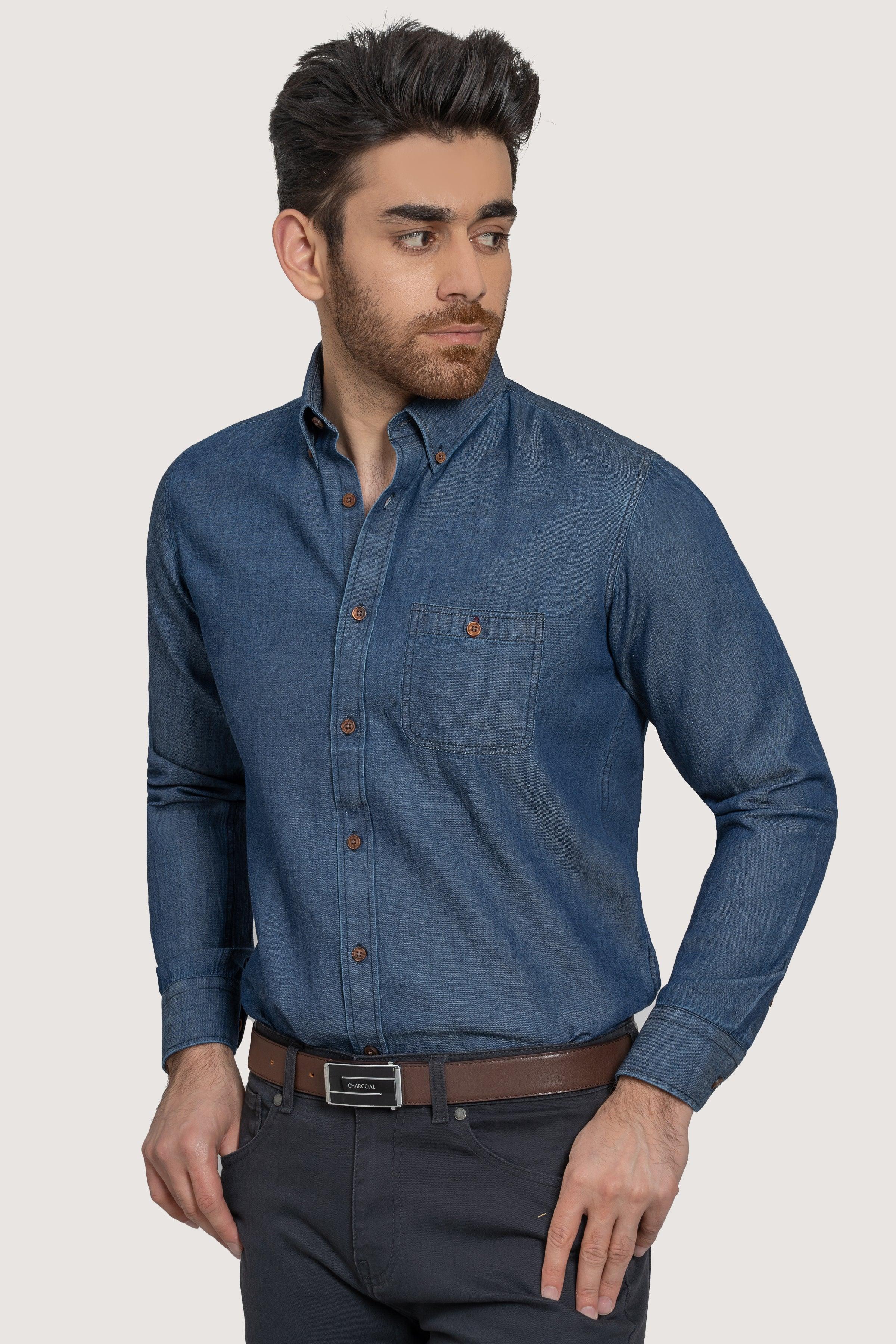SEMI CASUAL DENIM SHIRT DARK BLUE at Charcoal Clothing