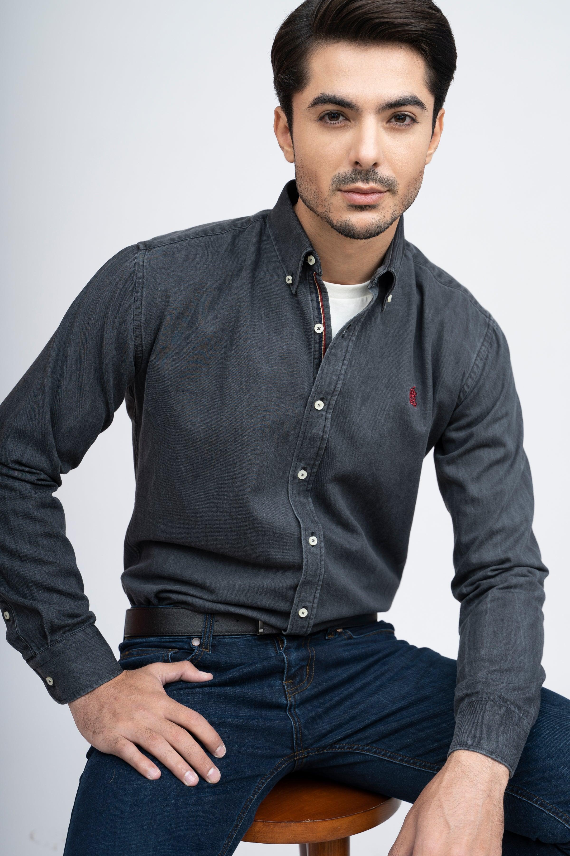 SEMI CASUAL DENIM SHIRT DARK GREY at Charcoal Clothing