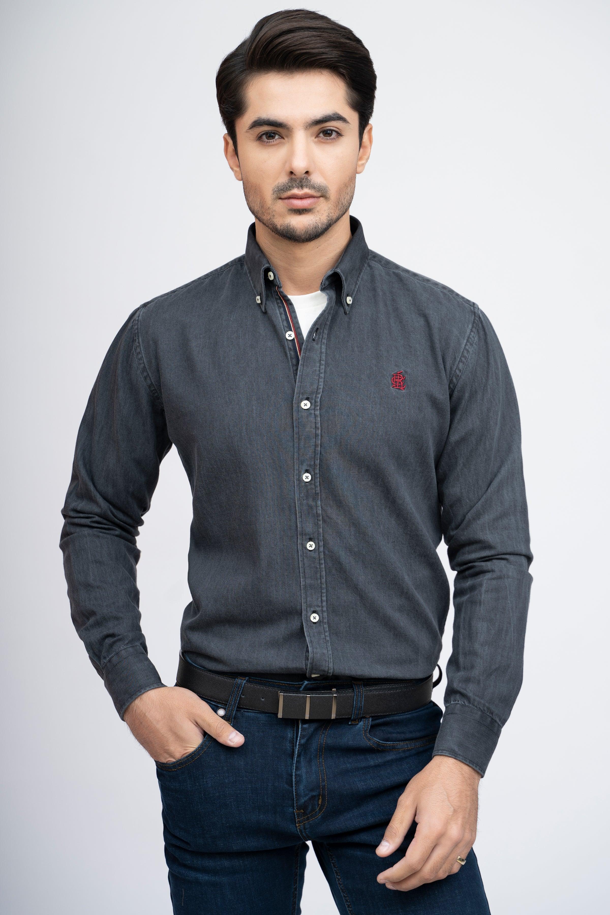 SEMI CASUAL DENIM SHIRT DARK GREY at Charcoal Clothing